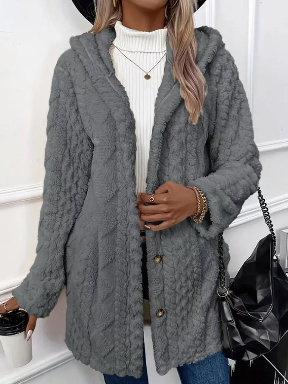 full size cozy cable-knit faux fur hooded outerwear | dropsona - neutral - close-up detail