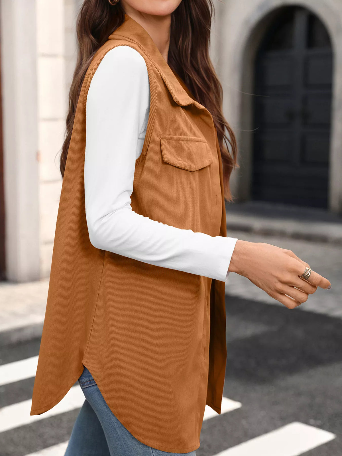 button-down utility vest coat | dropsona - neutral - front view