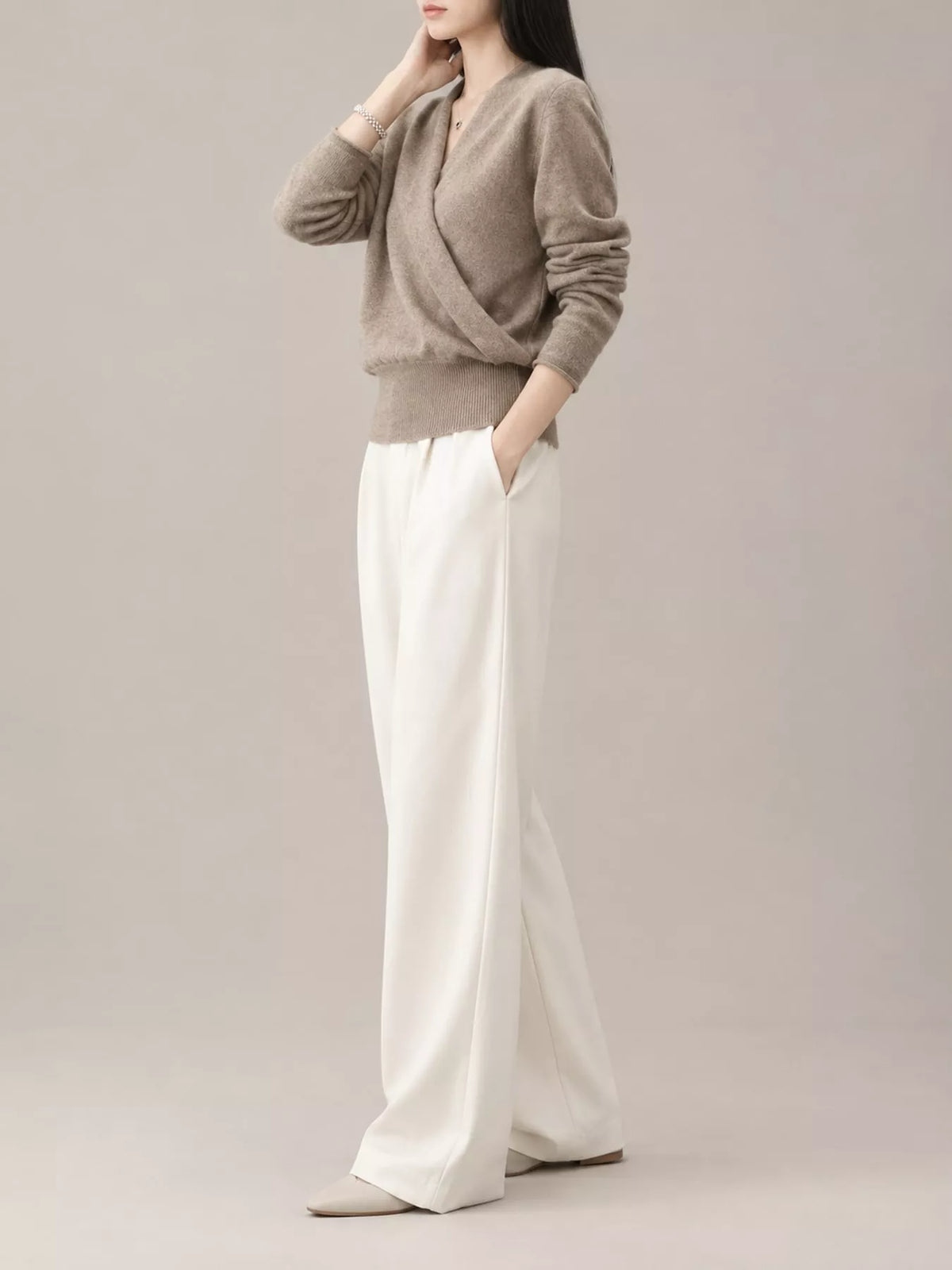 wrap-front long sleeve sweater – crisscross,ribbed fit | dropsona - neutral - size reference