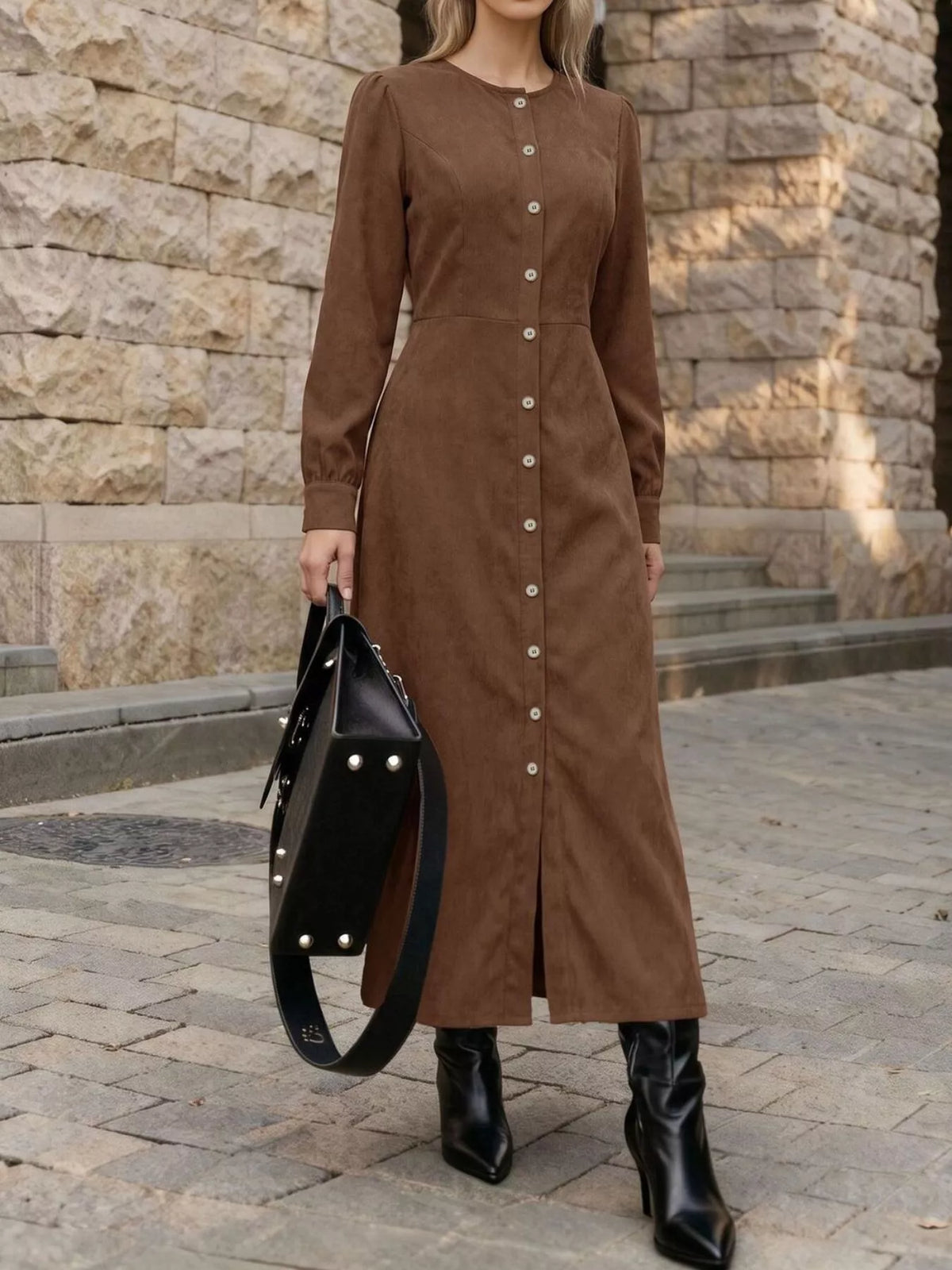 corduroy button-down maxi dress – buttoned,tied,slit | dropsona - neutral - close-up detail