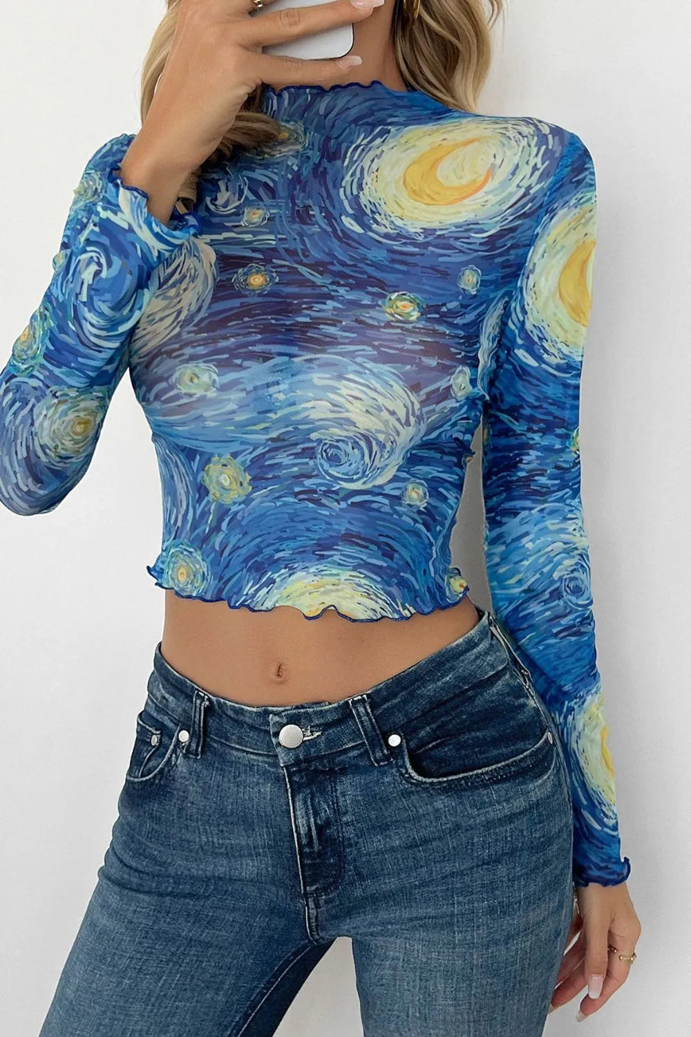 starry sky cropped mesh t-shirt - close-up detail