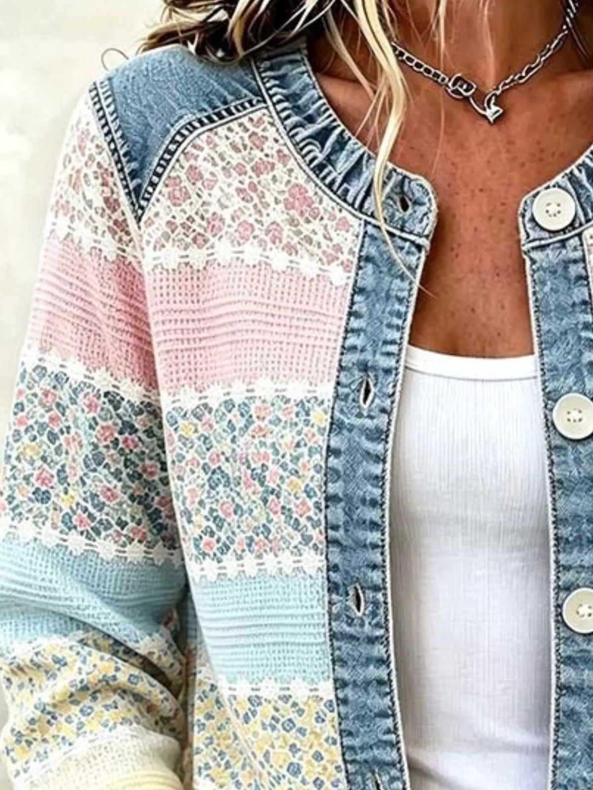 full size floral patchwork denim trim jacket plus | dropsona - neutral - front view