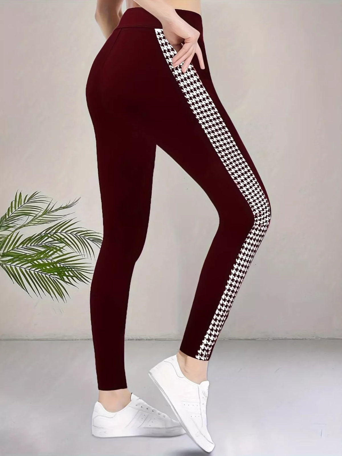 high-waisted side houndstooth active leggings | dropsona - neutral - packaging