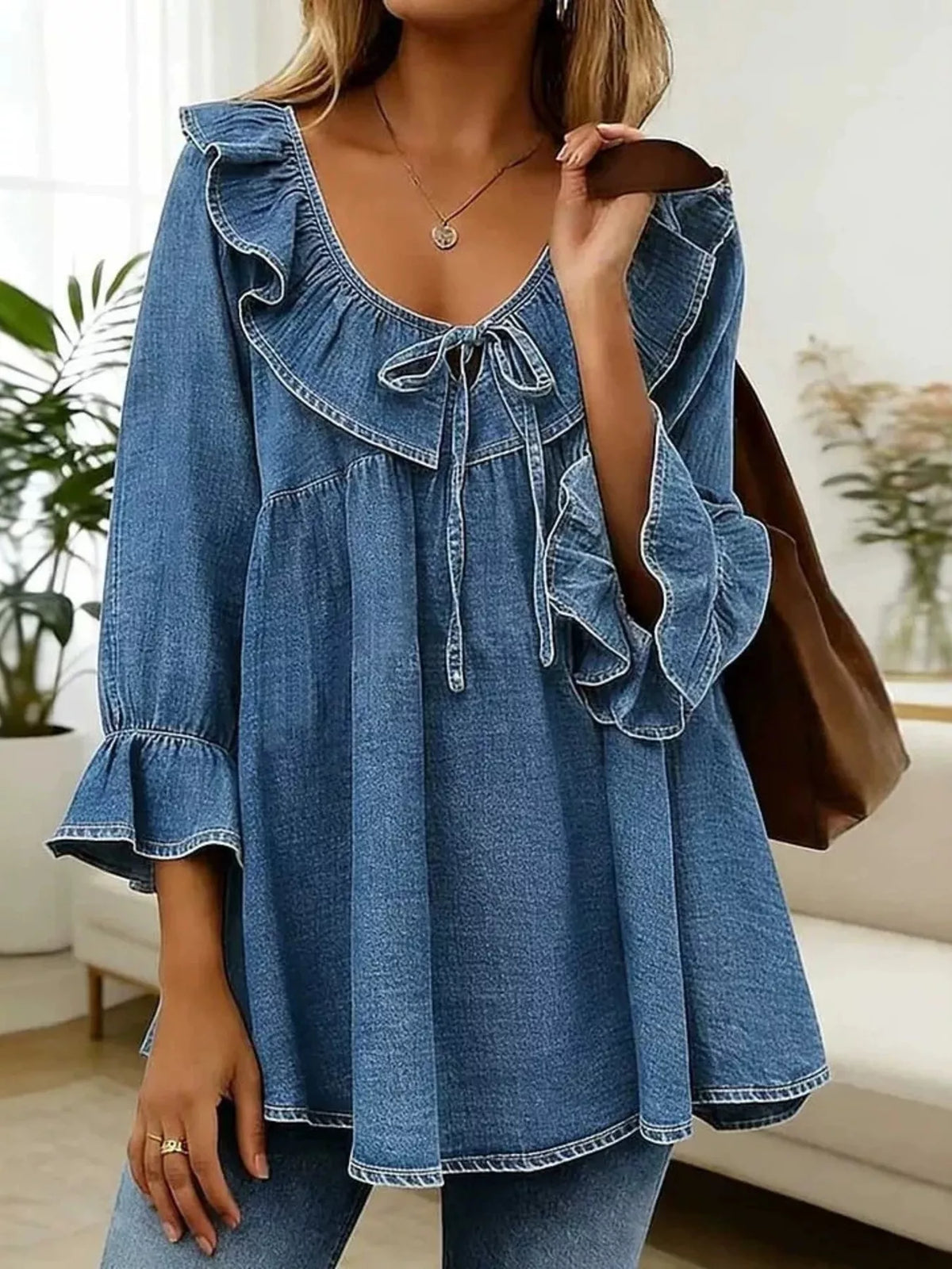 full size ruffled v-neck denim top with tie-front | dropsona - neutral - everyday use