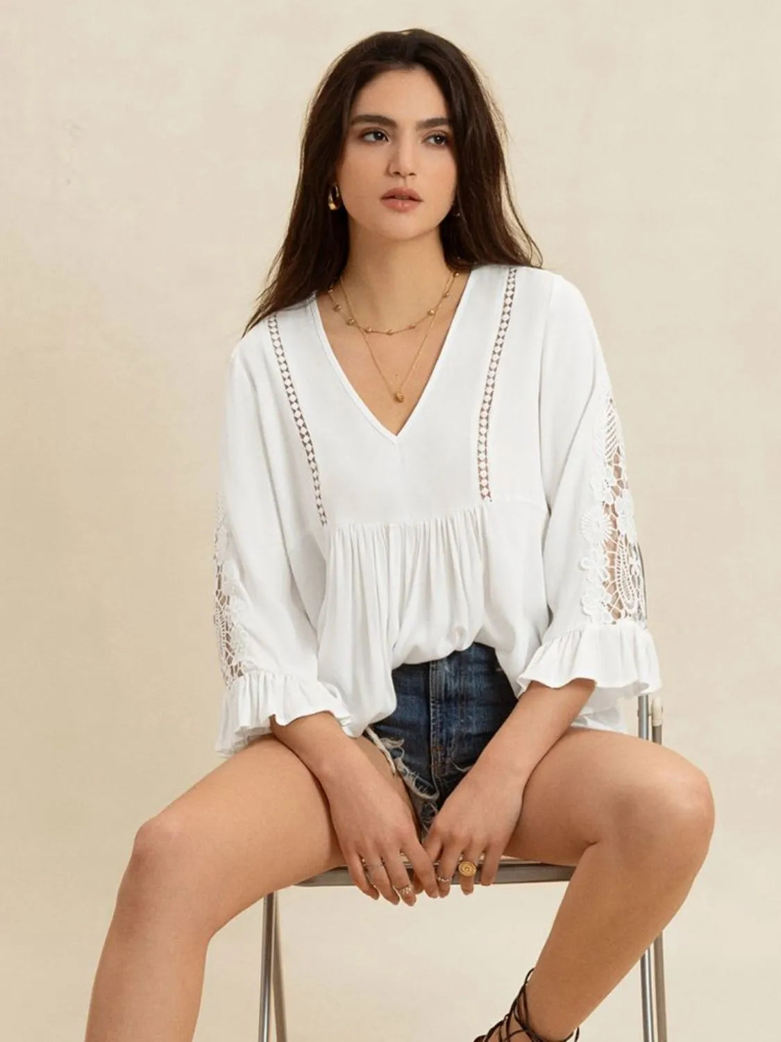 v-neck lace flounce sleeve top - close-up detail