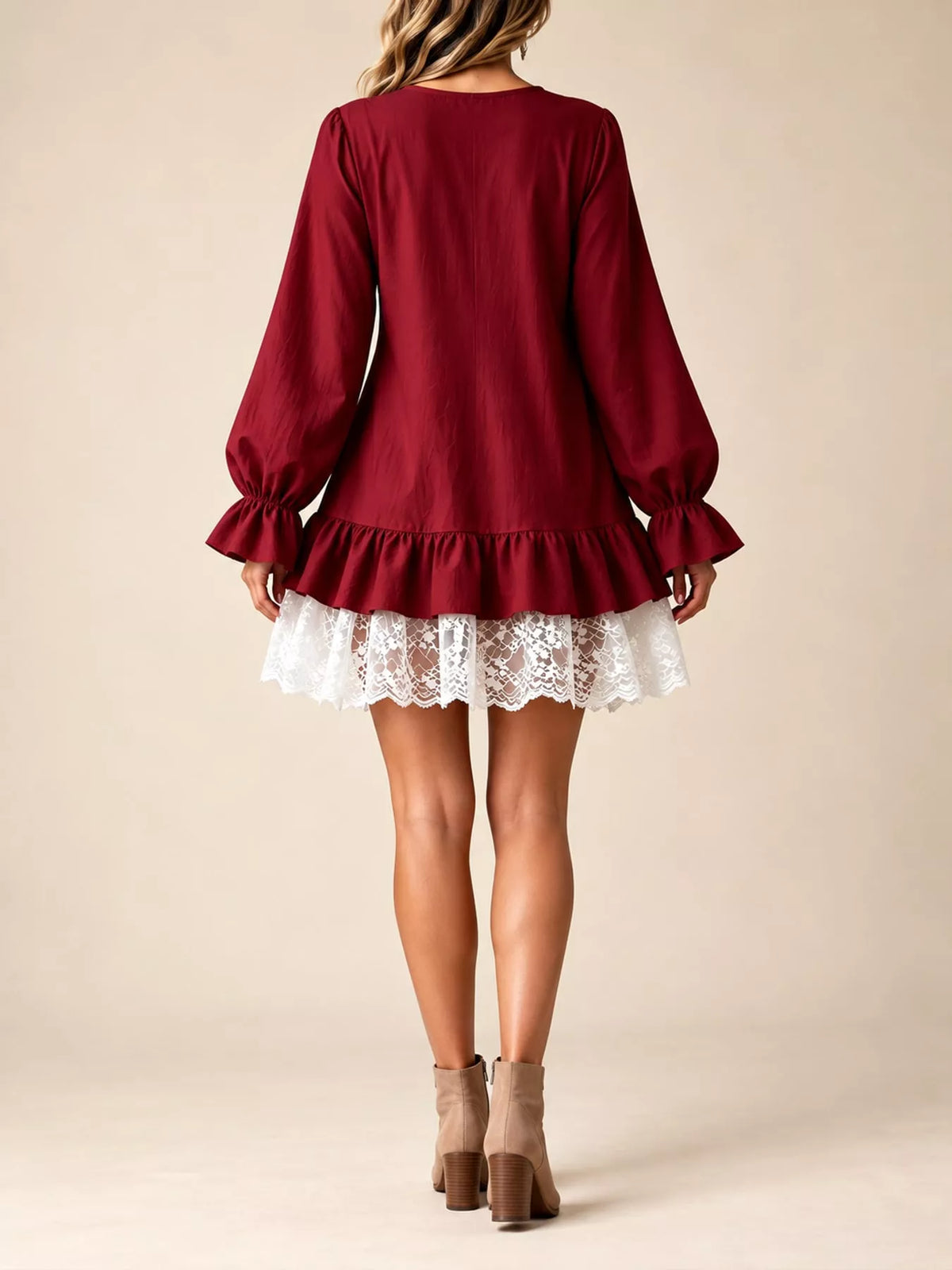 lace hem v-neck flounce sleeve dress | dropsona - neutral - packaging