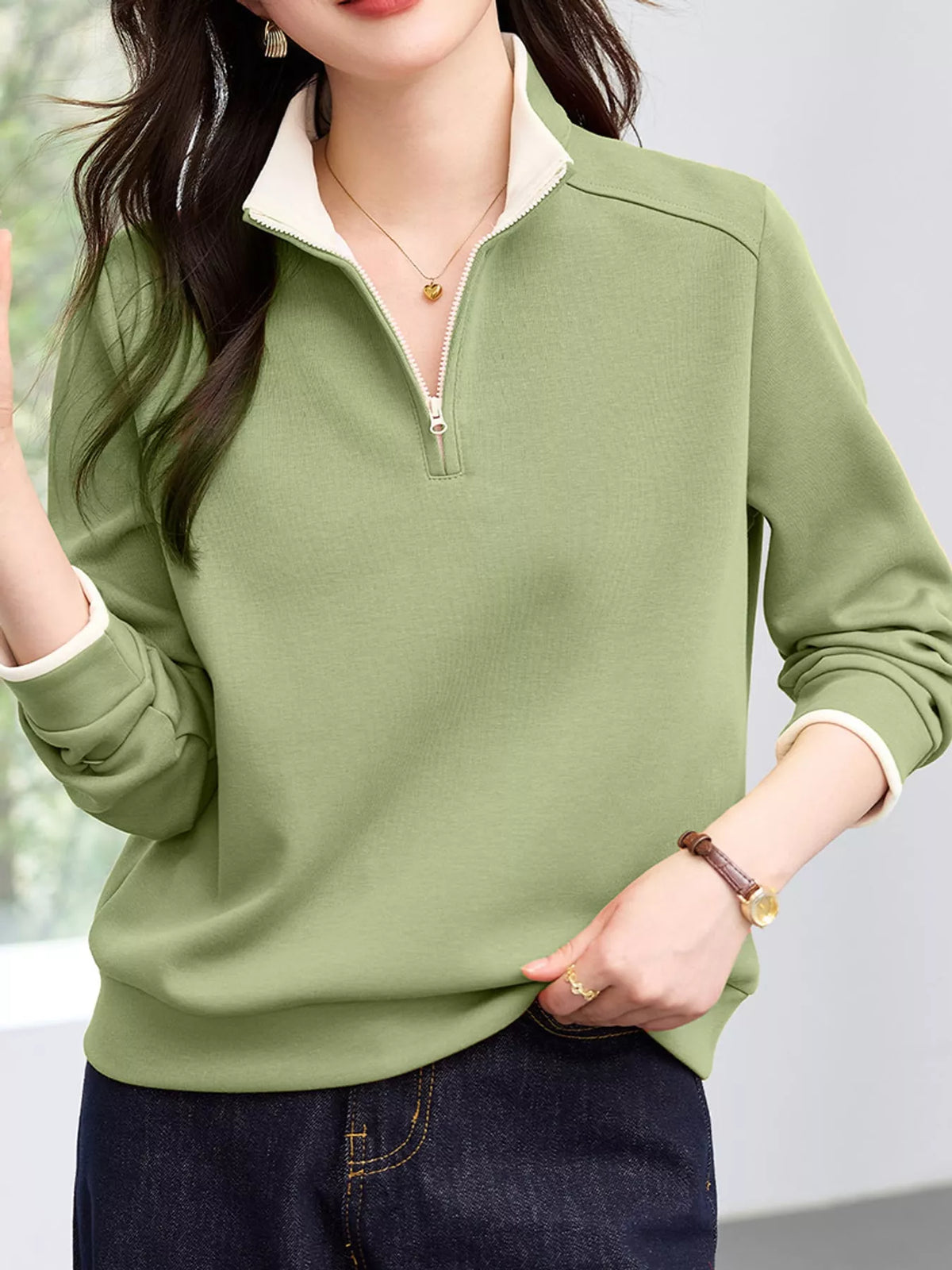 plus size quarter-zip sweatshirt with contrast collar | dropsona - neutral - front view