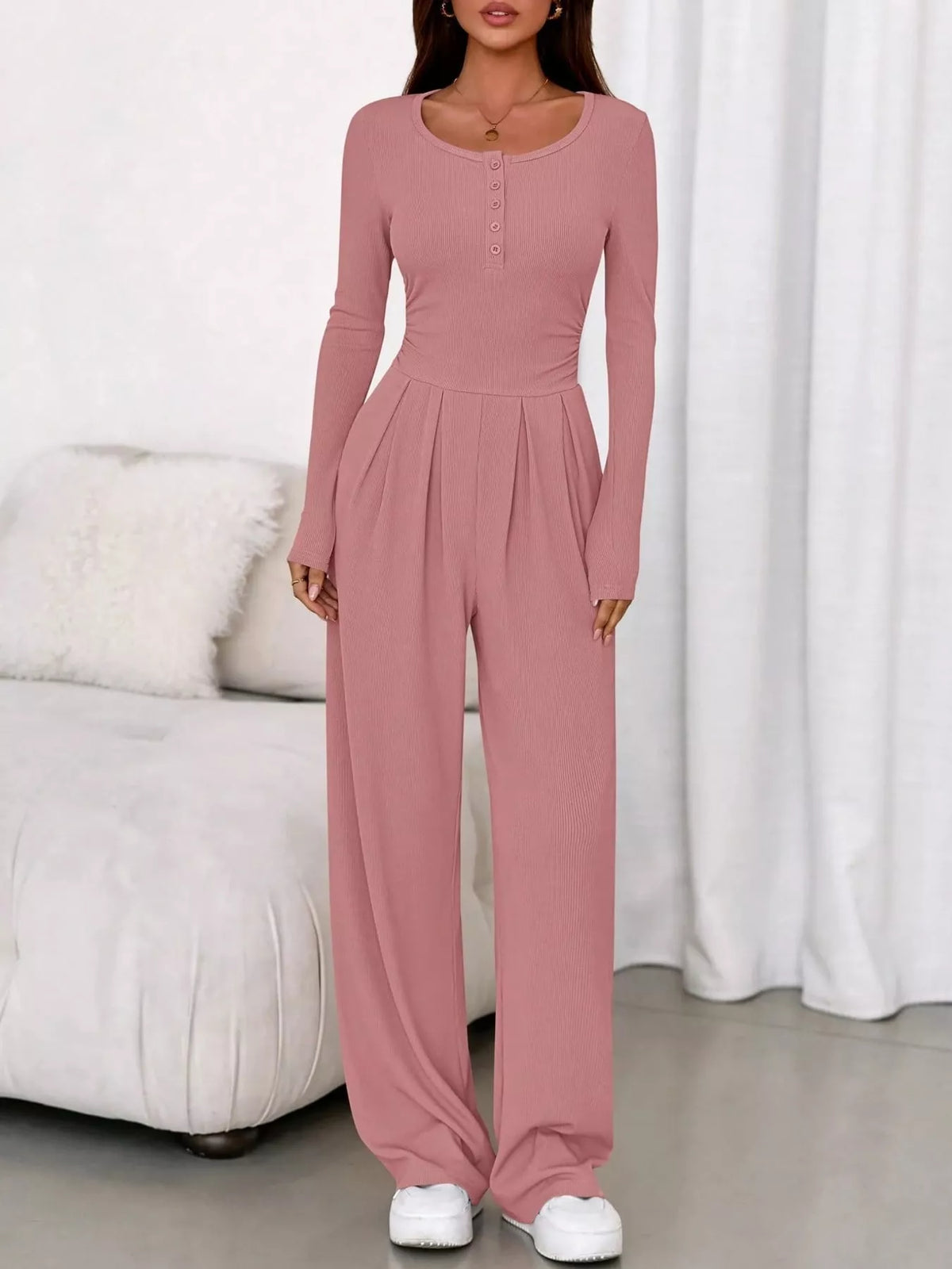 long sleeve ribbed knit wide leg jumpsuit | dropsona - neutral - usage example