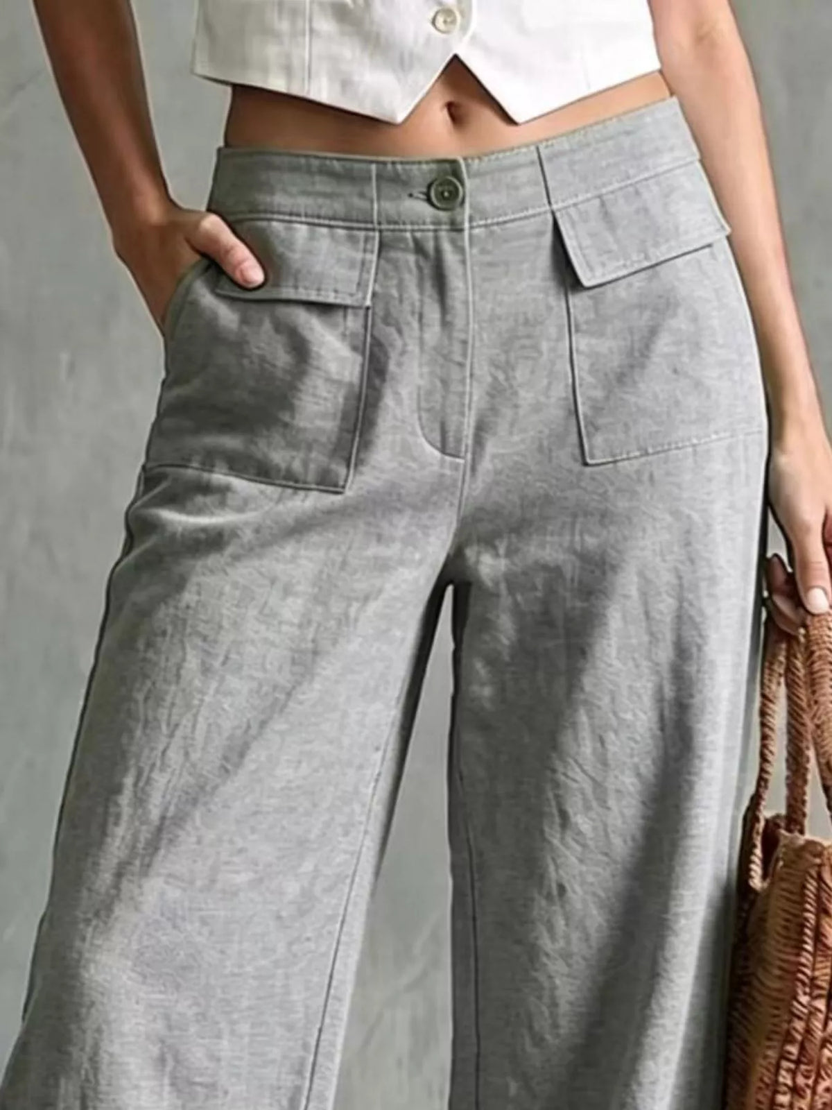 full size high-waisted wide-leg cargo pants plus | dropsona - neutral - front view