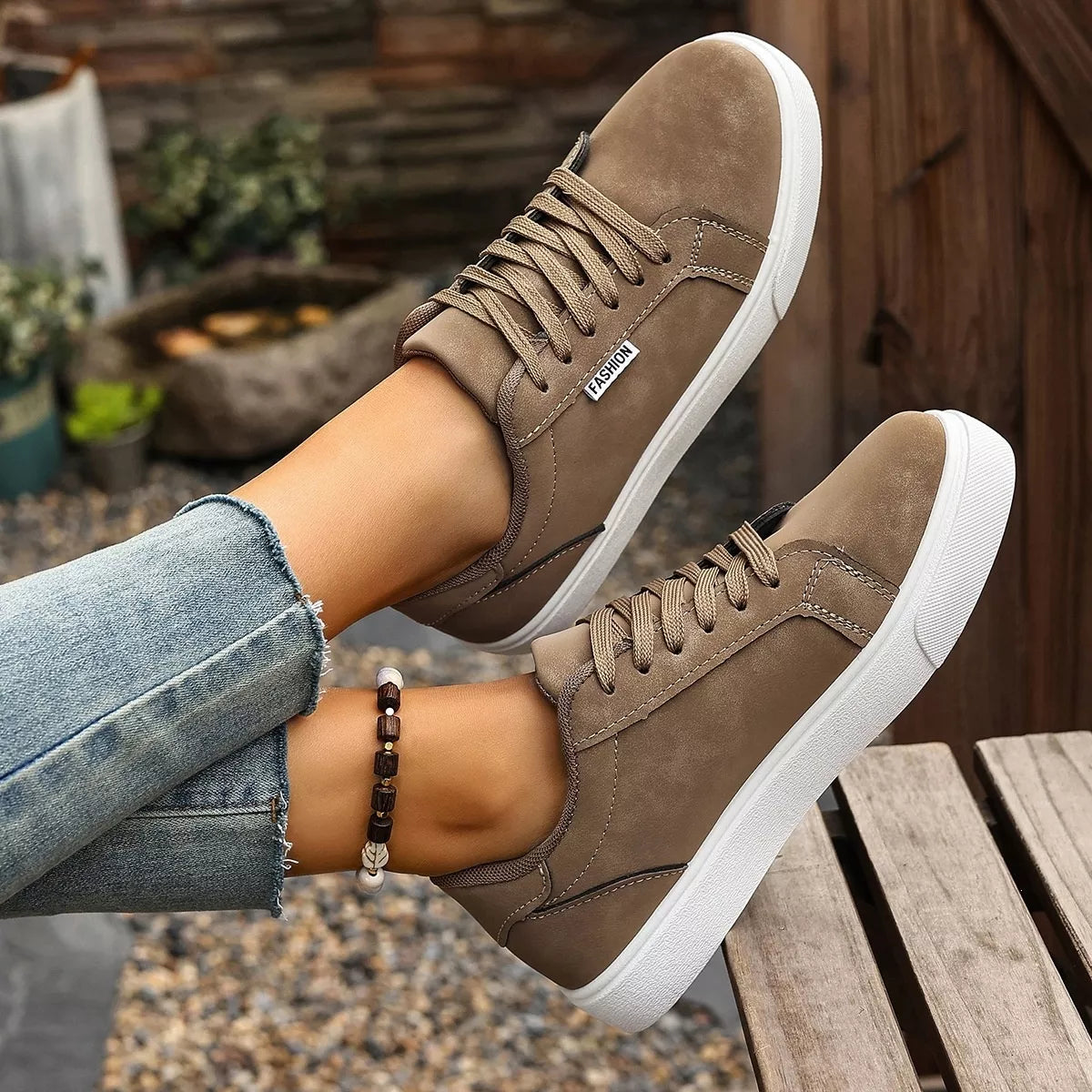 round toe lace up sneakers – aloha sandals | dropsona - neutral - close-up detail