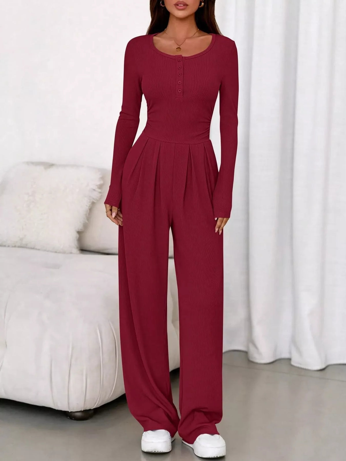 long sleeve ribbed knit wide leg jumpsuit | dropsona - neutral - close-up detail
