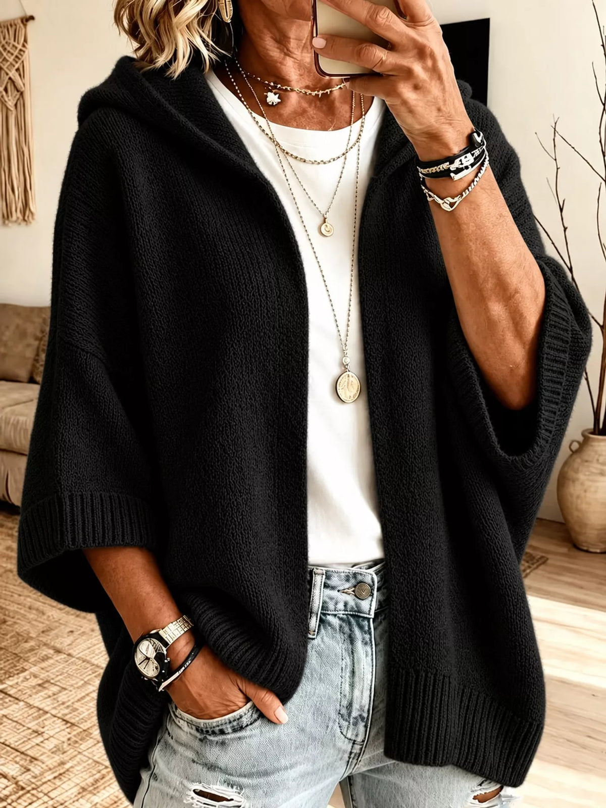 full size hooded open-front knit cardigan plus | dropsona - neutral - size reference