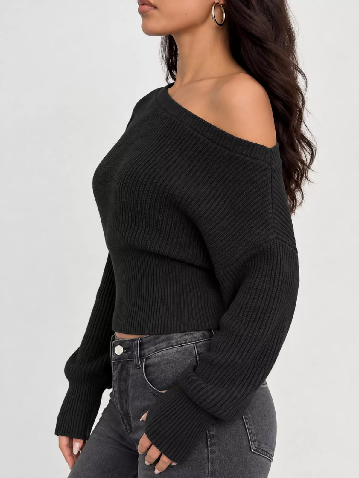 one shoulder ribbed knit sweater – fit | dropsona - neutral - close-up detail
