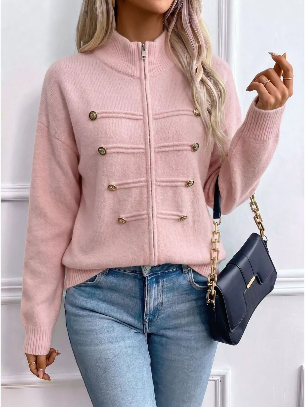 zip-up long sleeve cardigan – decorative button | dropsona - neutral - packaging