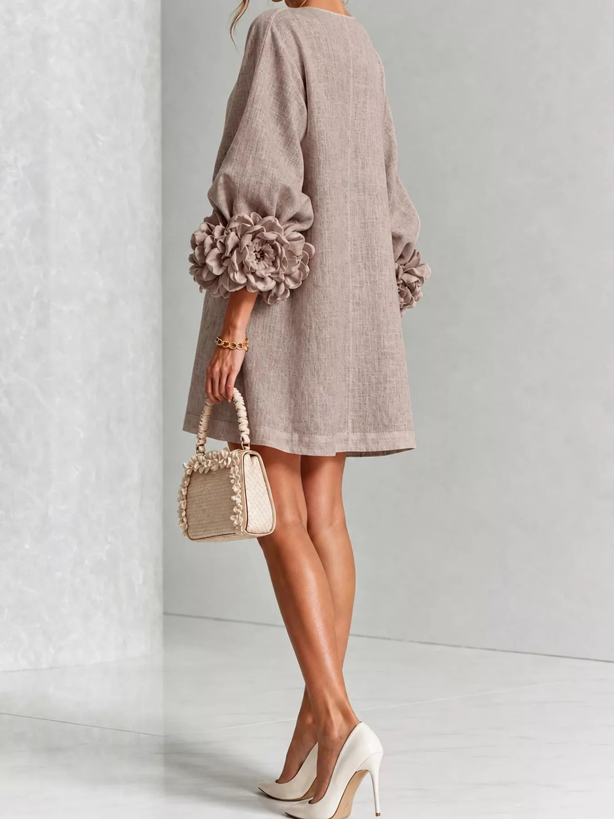 full size 3d floral sleeve accents mini dress plus | dropsona - neutral - close-up detail