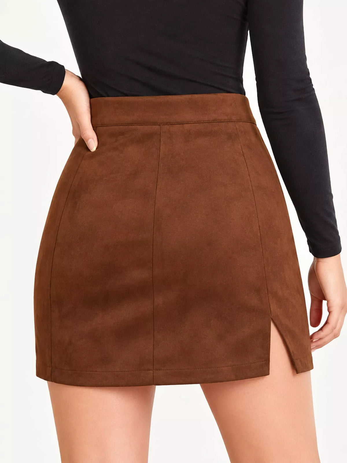high-waisted slit skirt – zipper, slit, seam detail | dropsona - neutral - size reference