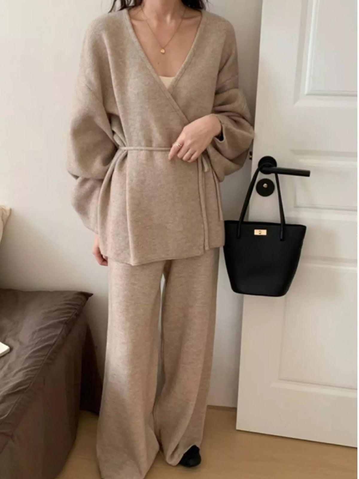 v-neck tied wrap cardigan and wide-leg pants sweater | dropsona - neutral - everyday use