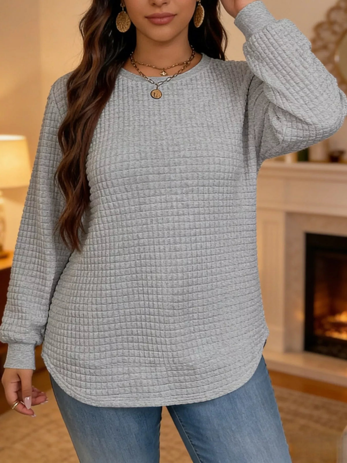 plus size textured waffle knit crew neck sweatshirt | dropsona - neutral - material texture