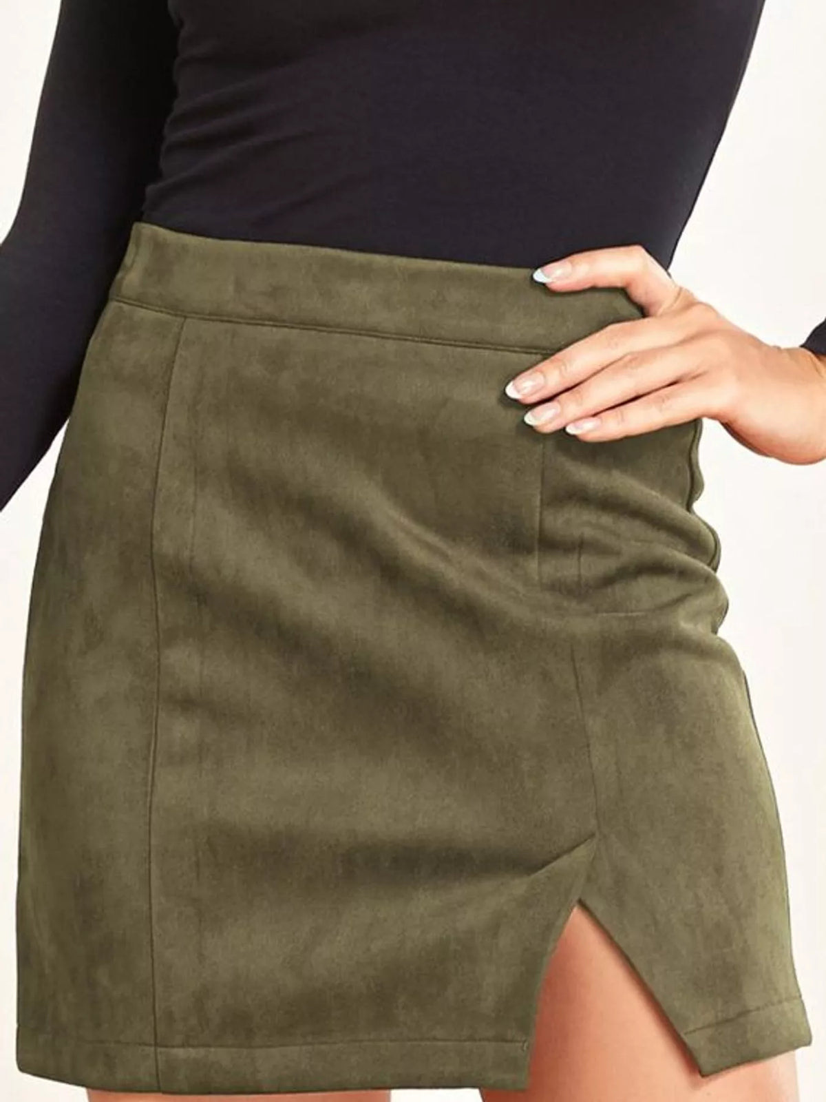 high-waisted slit skirt – zipper, slit, seam detail | dropsona - neutral - size reference