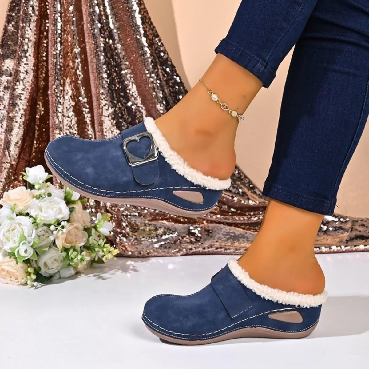 faux fur lined heart buckle slip-ons | dropsona - neutral - close-up detail