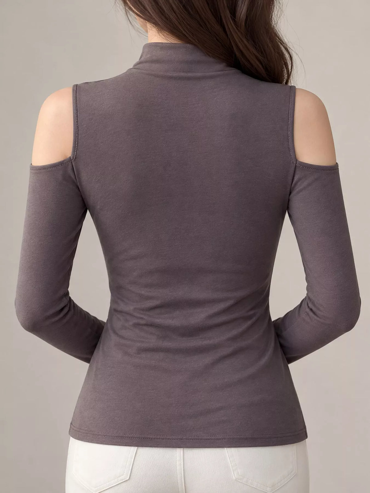 mock neck cold-shoulder slim-fit t-shirt | dropsona - neutral - close-up detail