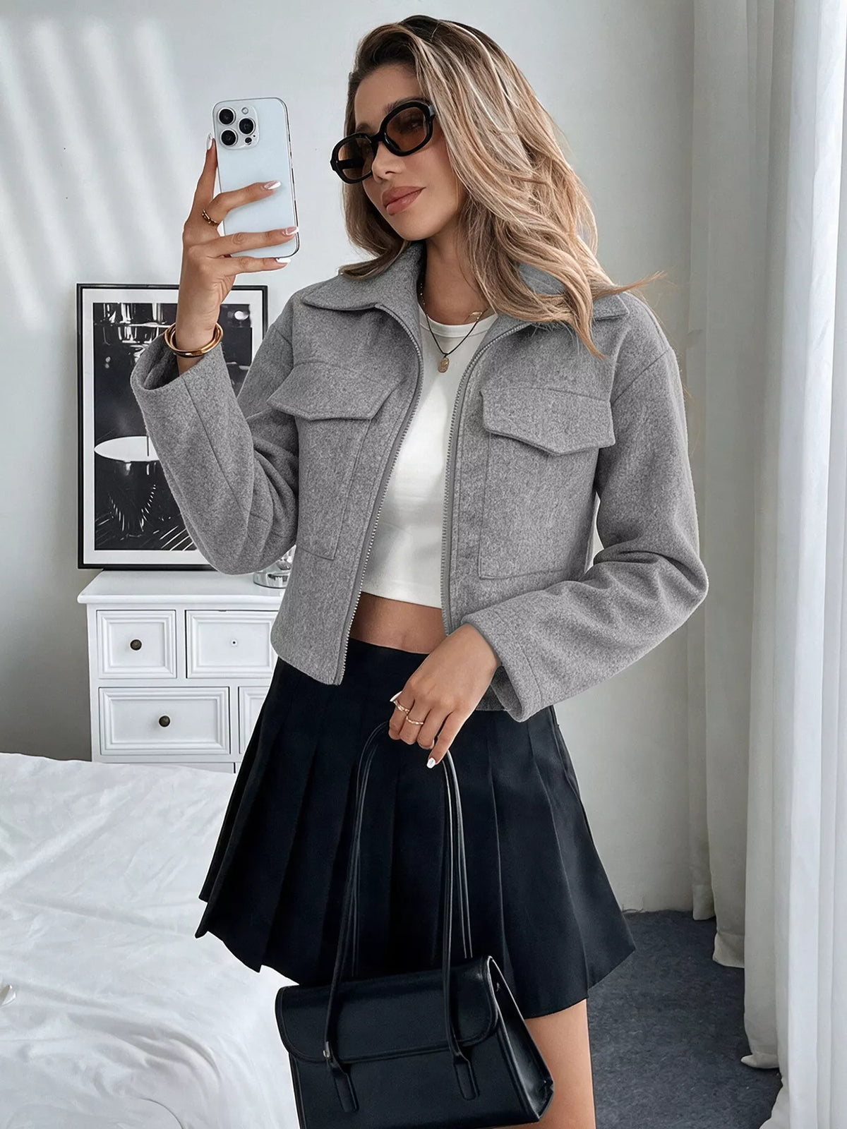 zip up cropped shacket with flap pockets – zipper | dropsona - neutral - everyday use