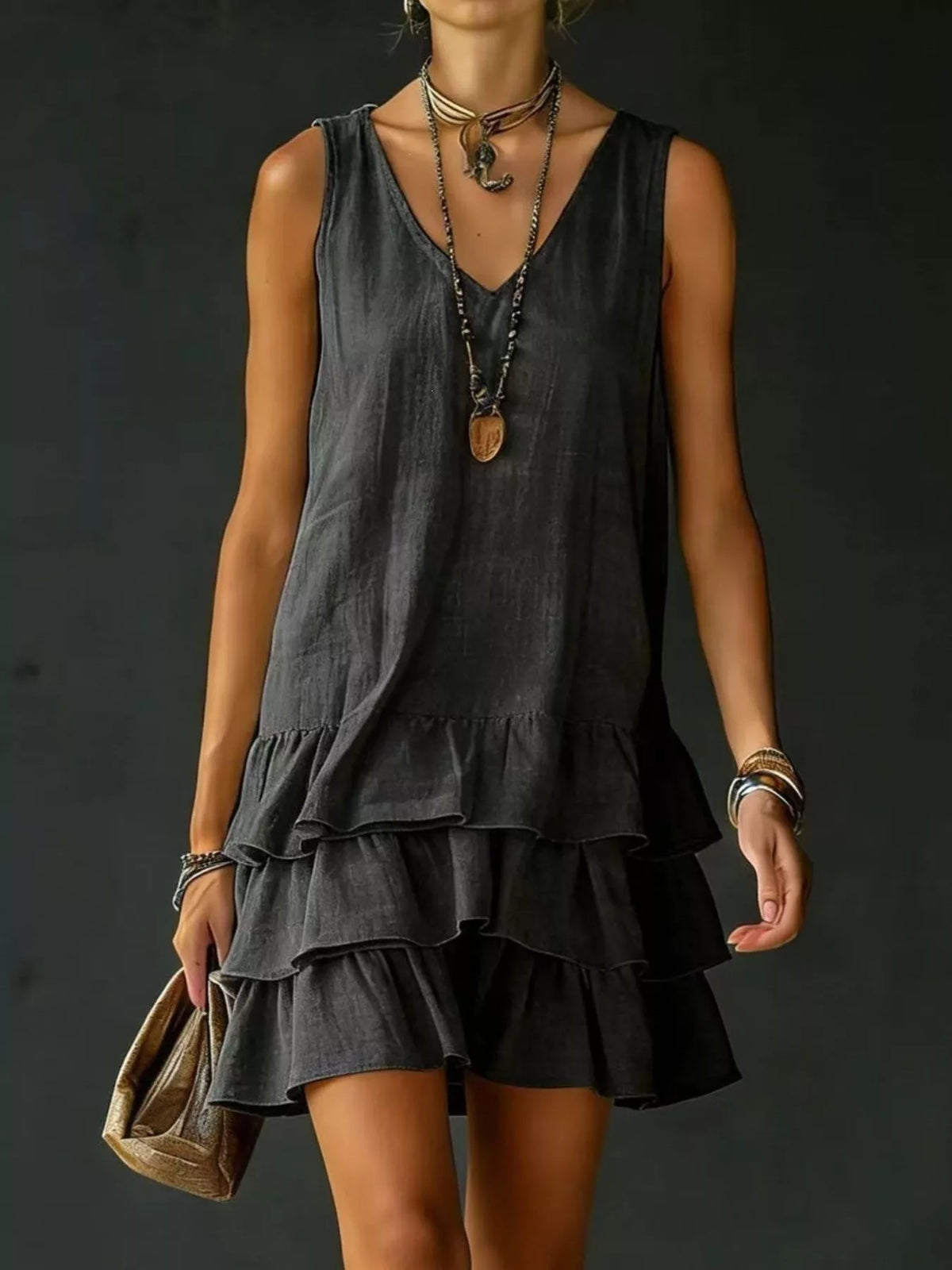 full size ruffled hem v-neck sleeveless dress plus size - close-up detail