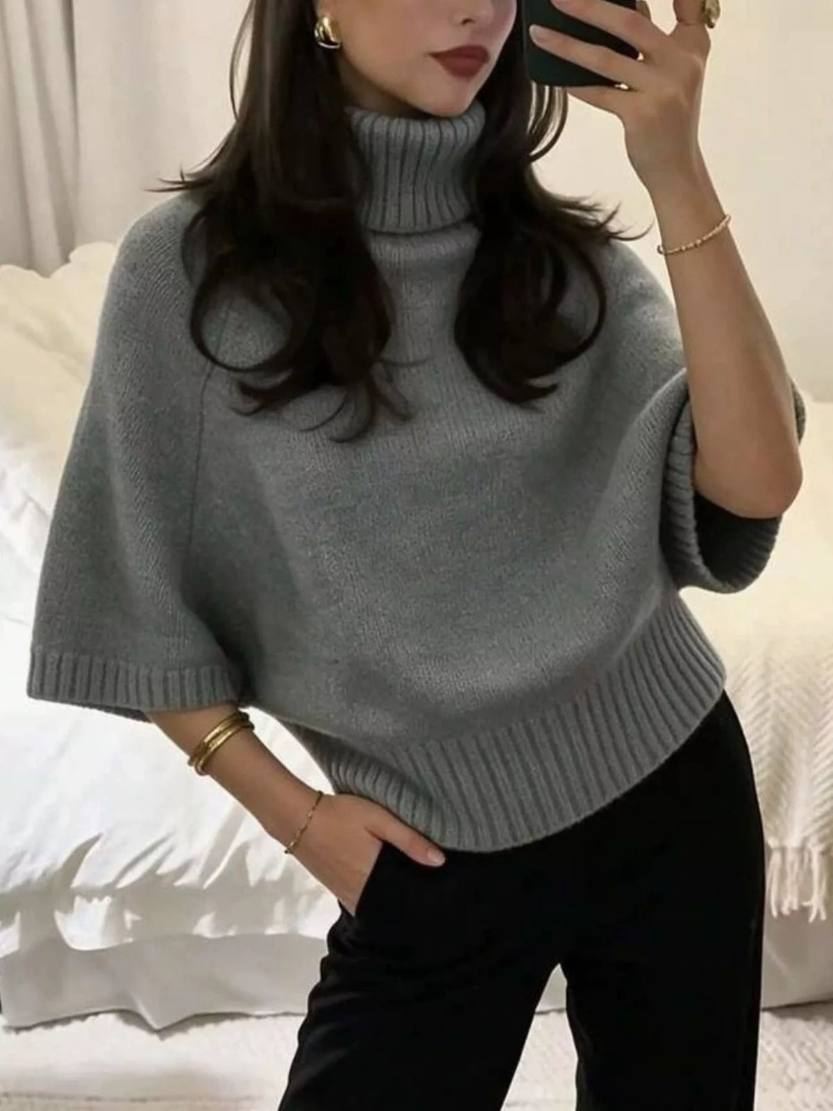 turtleneck batwing sleeve sweater – basic style | dropsona - neutral - packaging