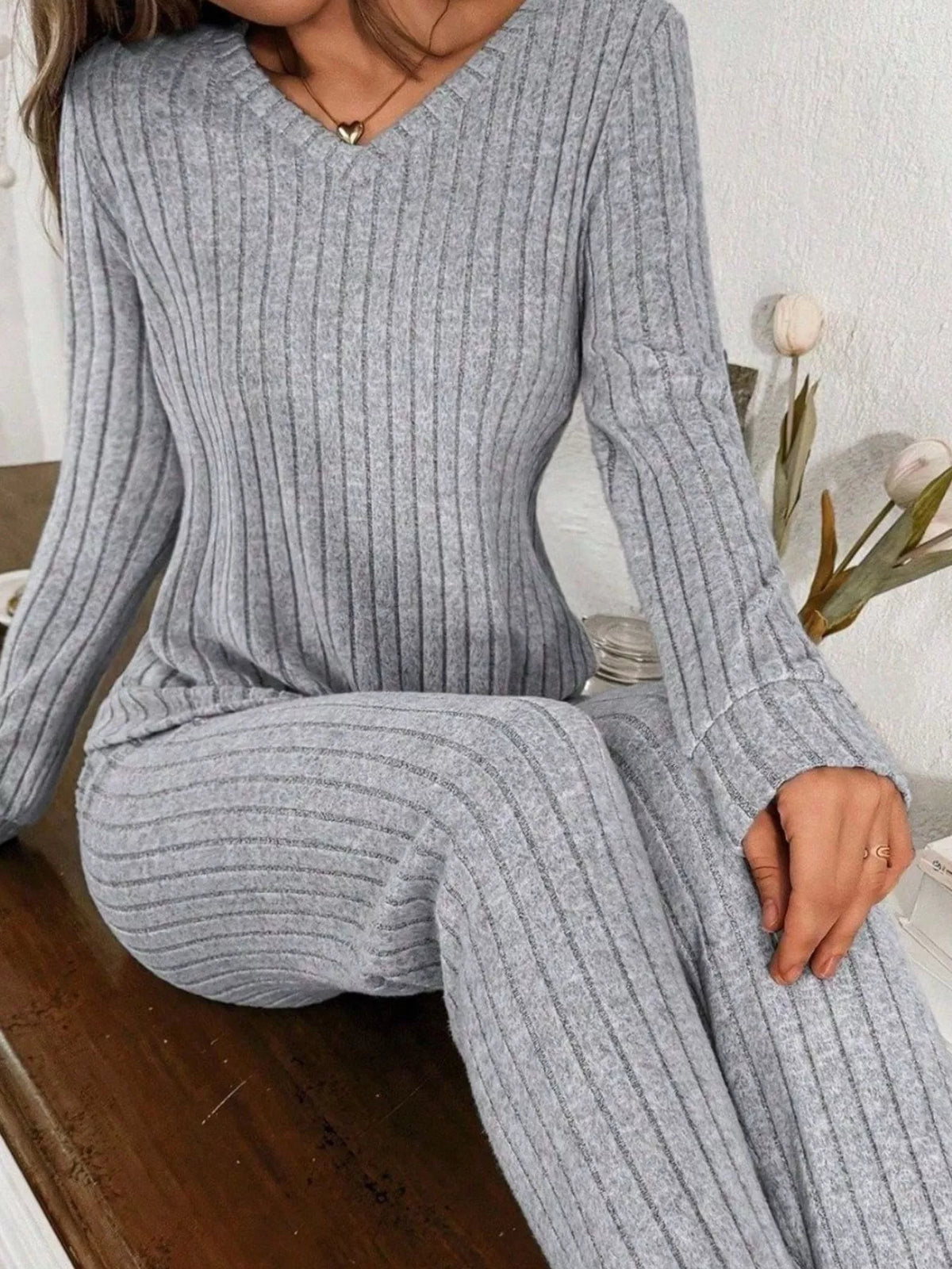 ribbed knit long sleeve top and pants loungewear set | dropsona - neutral - material texture