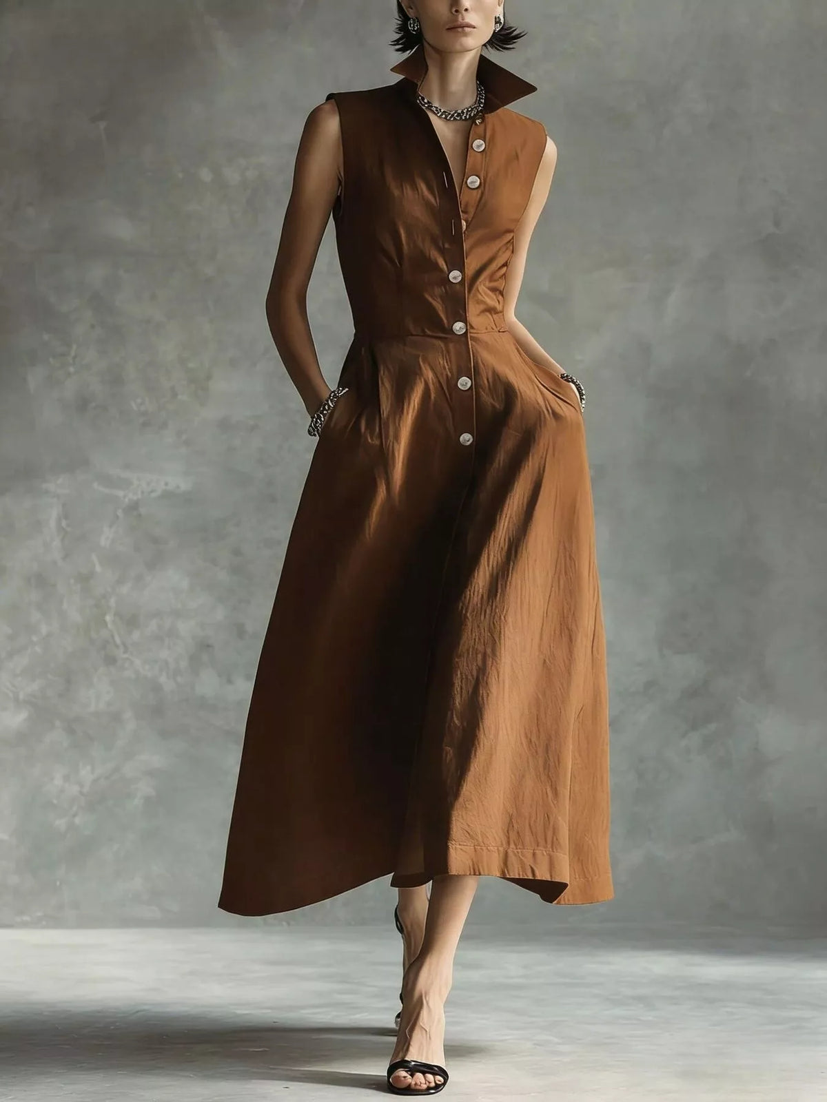 sleeveless button-down midi shirt dress | dropsona - neutral - material texture