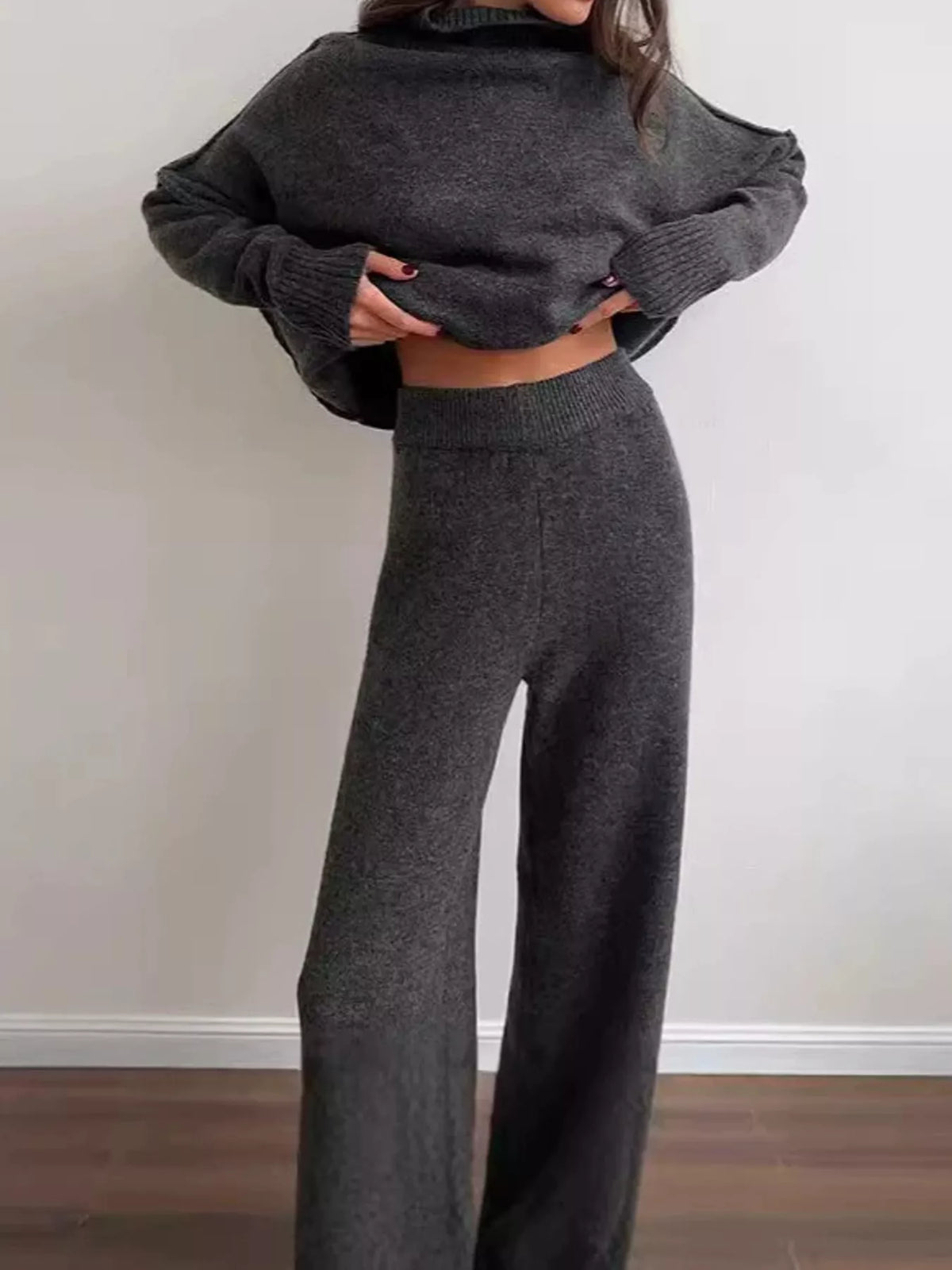 full size oversized turtleneck knit top and wide-leg | dropsona - neutral - packaging