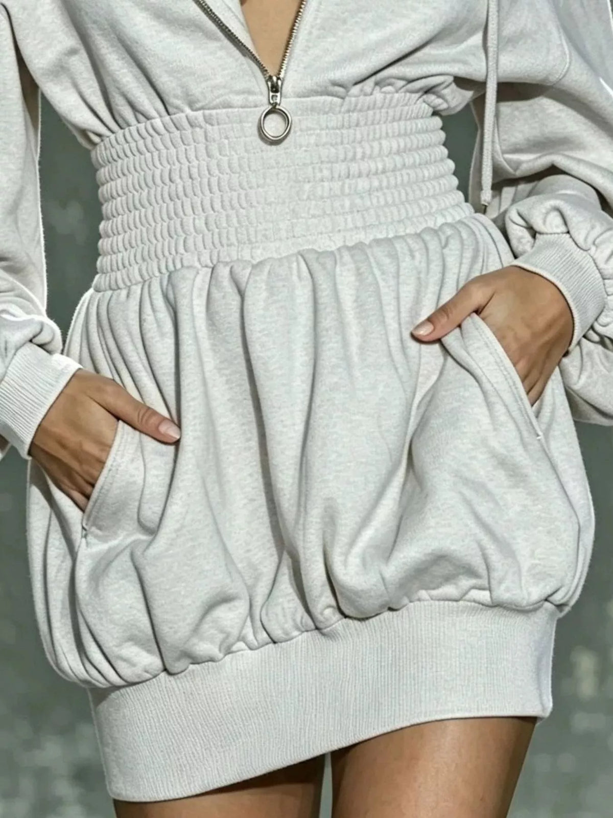 hooded long sleeve mini dress with smocked waist | dropsona - neutral - front view