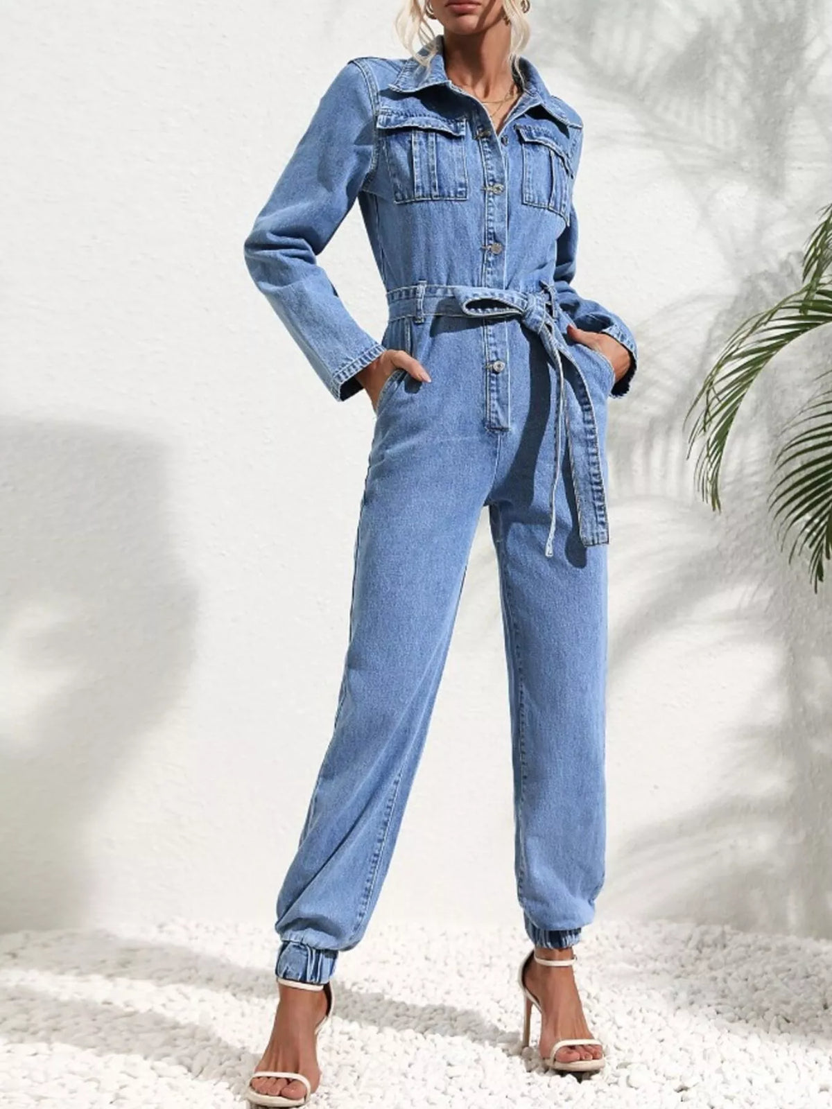 long sleeve button-up denim jumpsuit with belted | dropsona - neutral - close-up detail