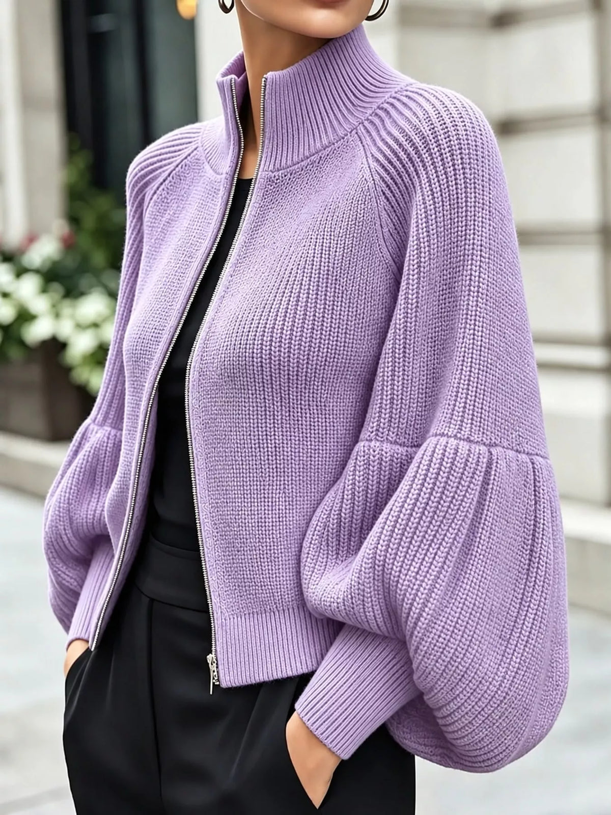 full size elegant ribbed knit zip-up cardigan with | dropsona - neutral - usage example