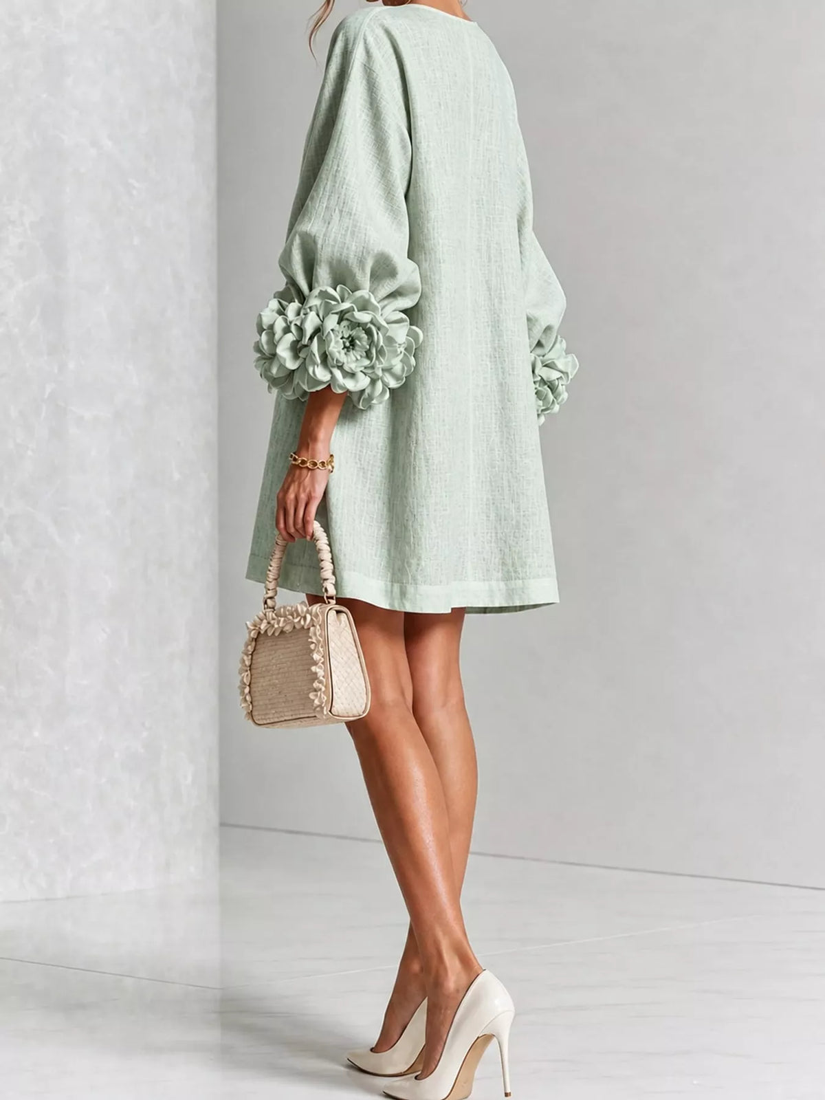 full size 3d floral sleeve accents mini dress plus | dropsona - neutral - close-up detail