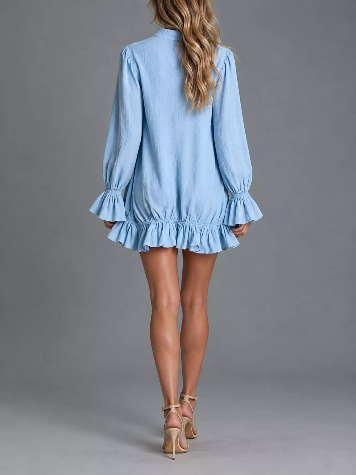 zipper-front ruffle hem mini dress – zipper, ruffled | dropsona - neutral - close-up detail
