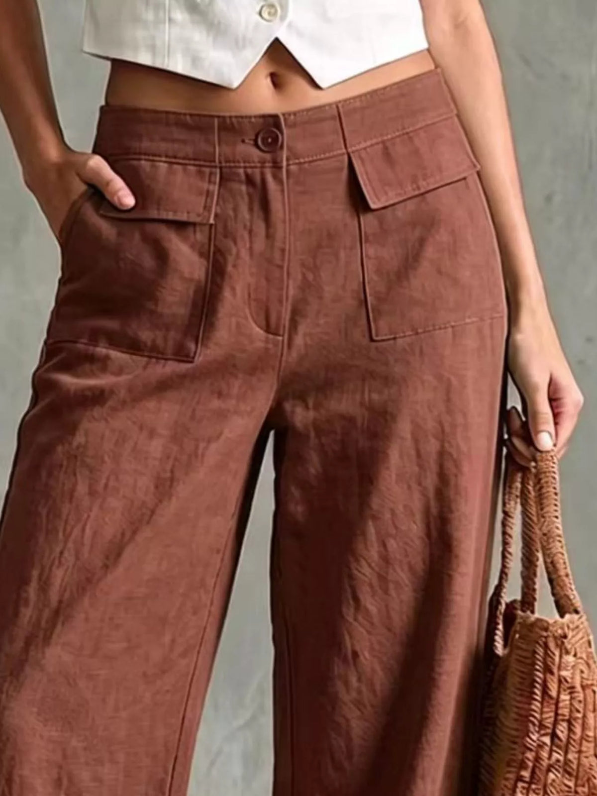 full size high-waisted wide-leg cargo pants plus | dropsona - neutral - size reference