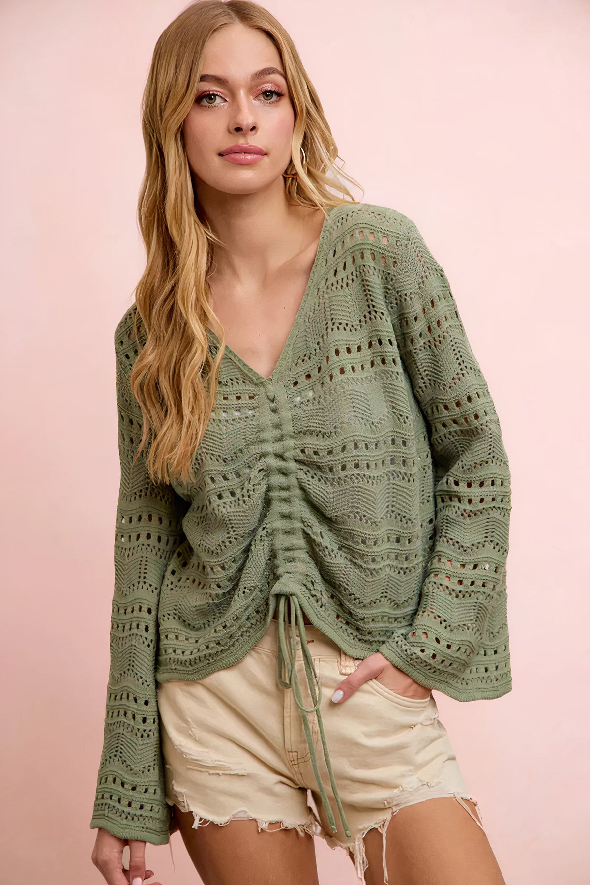 bibi pointelle knit v neck ruched front lightweight top - everyday wear