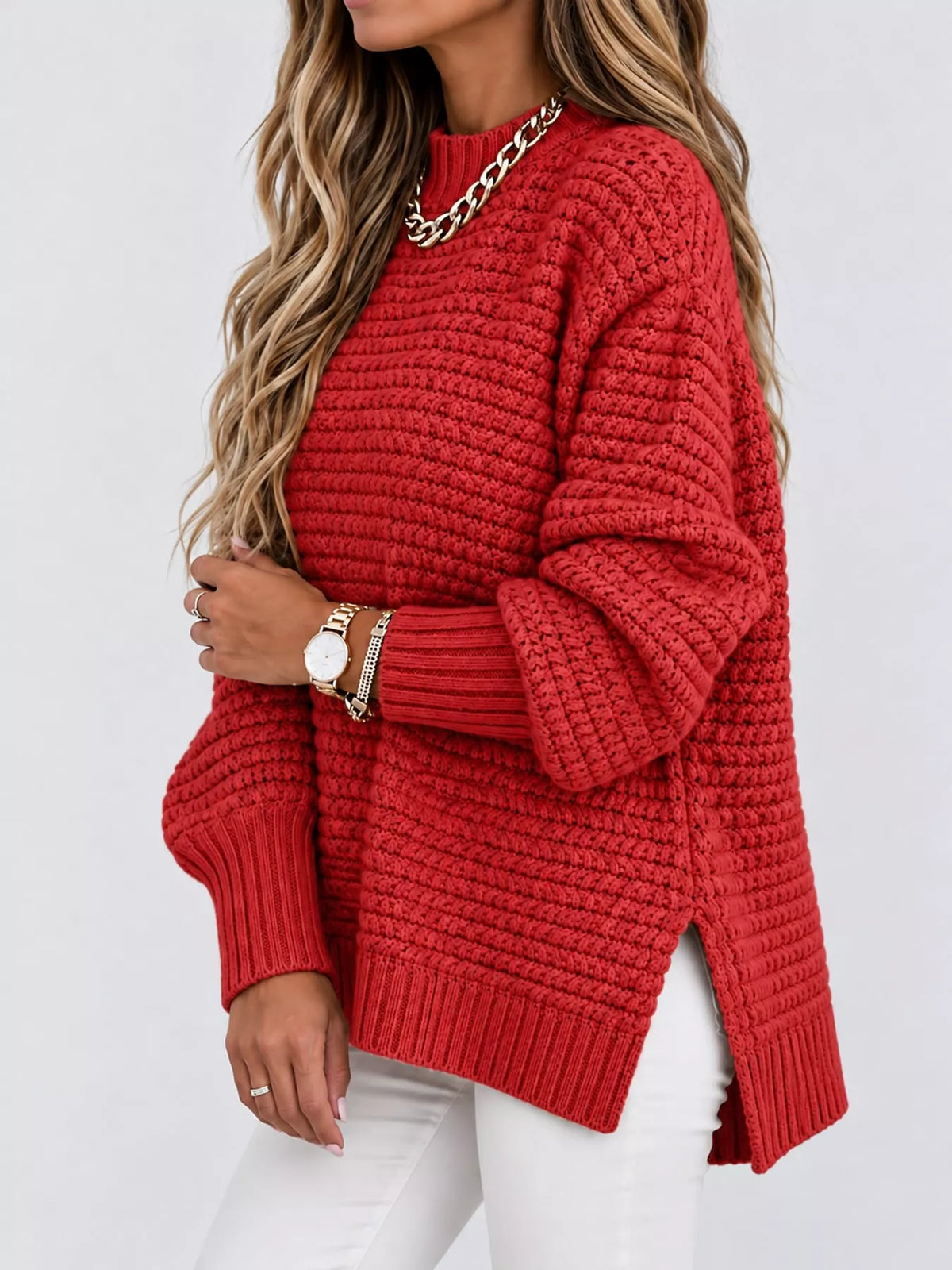 side slit textured knit sweater – ribbed,slit fit | dropsona - neutral - packaging