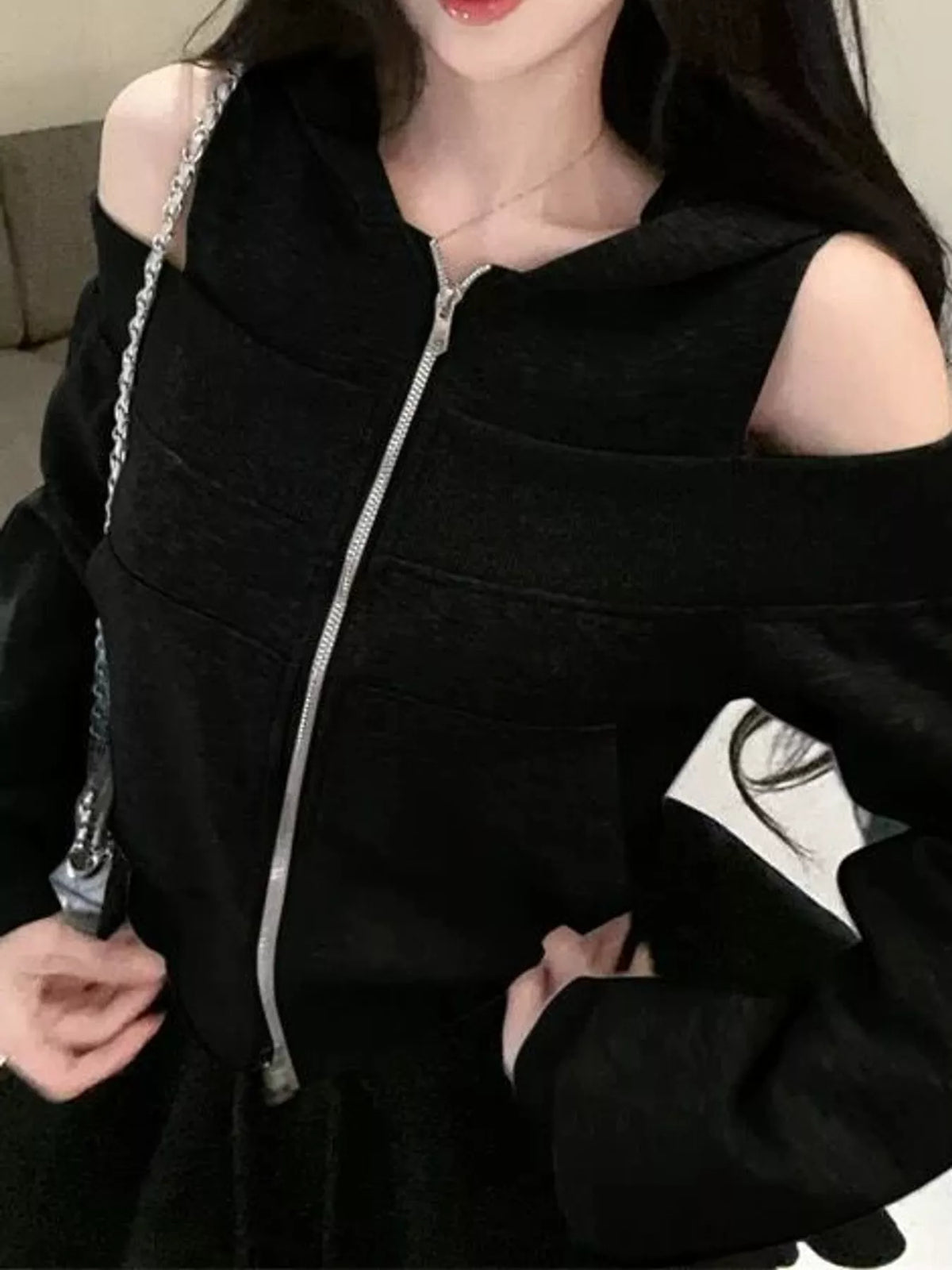 cold shoulder zip-up hoodie – zipper,cutout fit | dropsona - neutral - front view