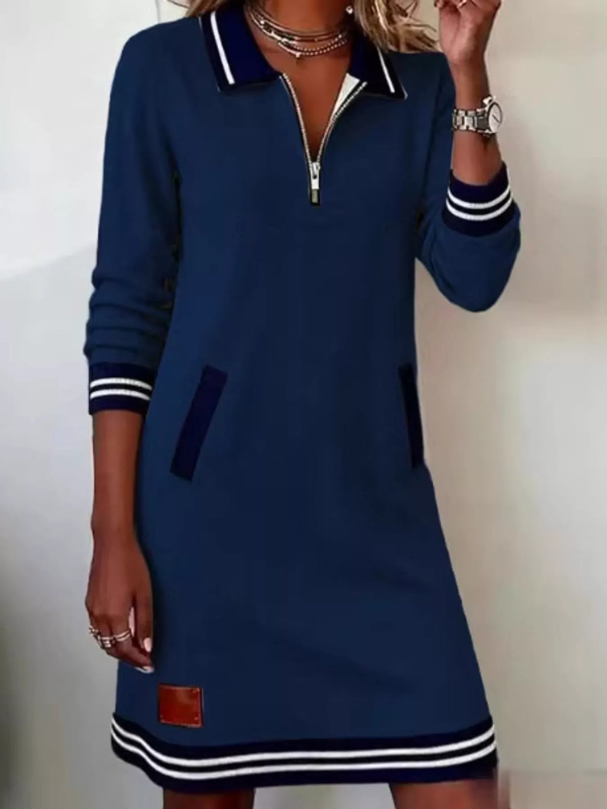 full size zip-up polo collar knit dress plus | dropsona - neutral - size reference