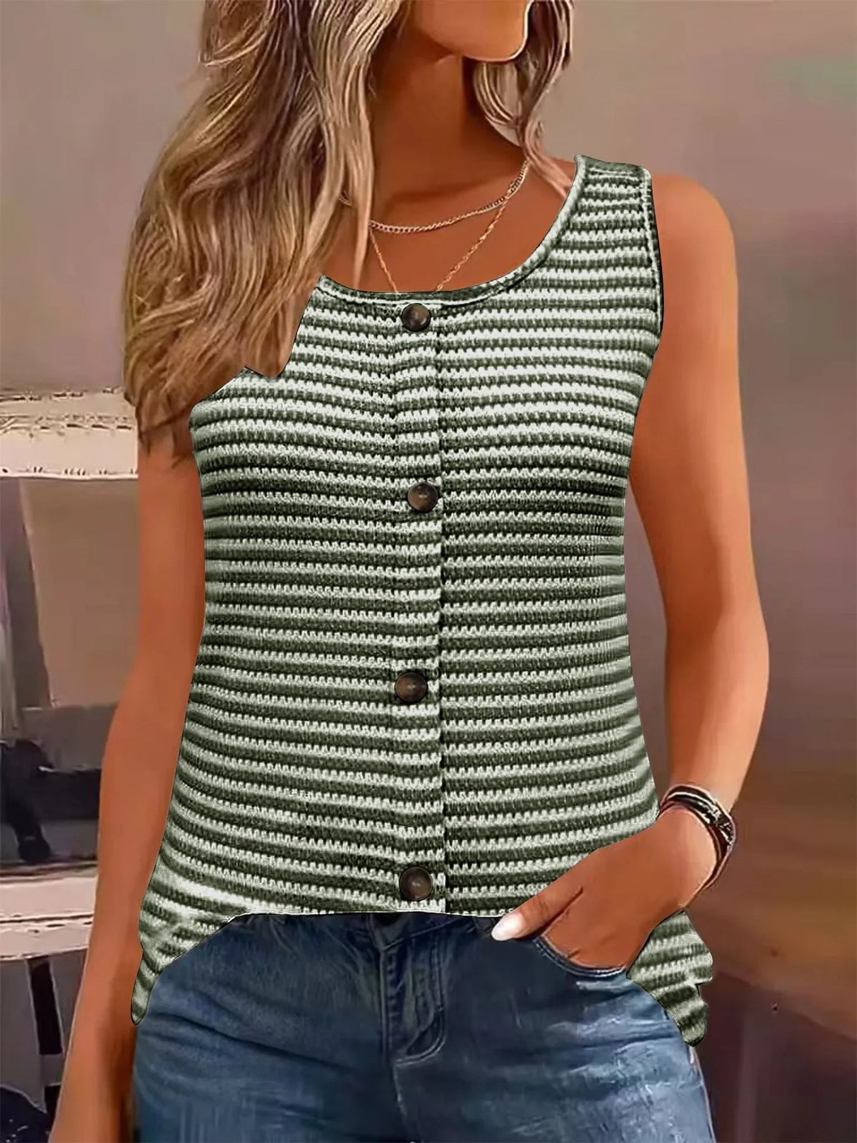striped round neck tank top – ribbed,buttoned | dropsona - neutral - material texture