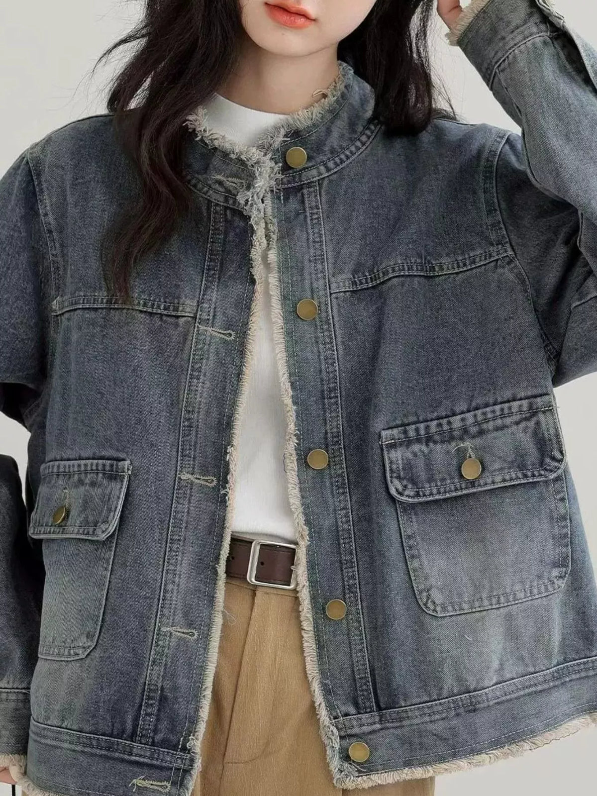 distressed frayed-edge denim jacket with utility | dropsona - neutral - usage example