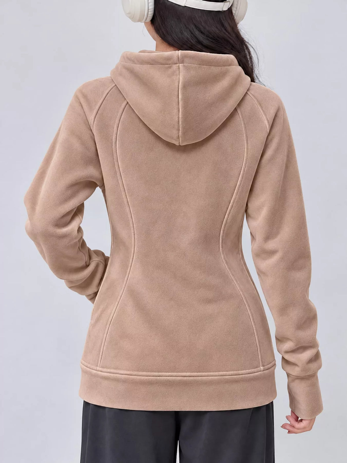 slim-fit full-zip thumb hole long sleeve hoodie with | dropsona - neutral - close-up detail