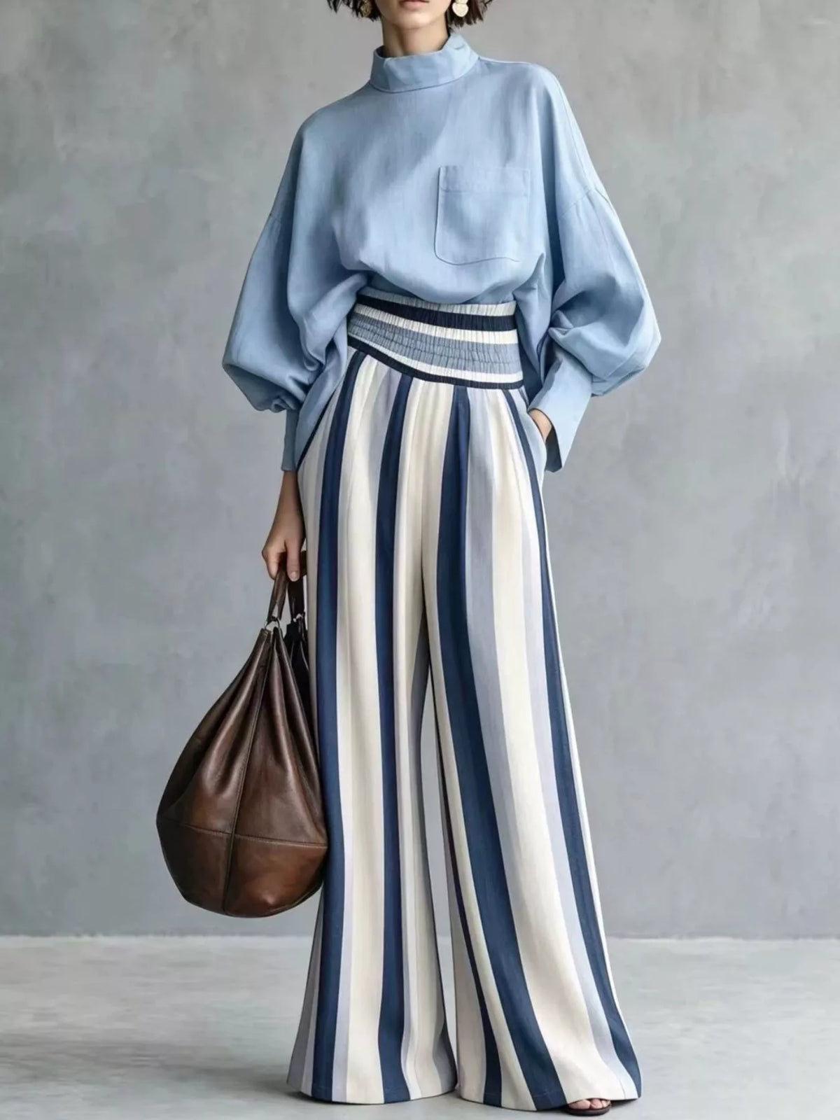 full size mock-neck blouse and striped wide-leg | dropsona - neutral - packaging