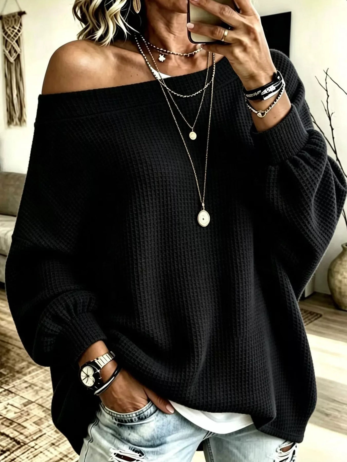 full size waffle knit boat neck sweatshirt plus | dropsona - neutral - packaging