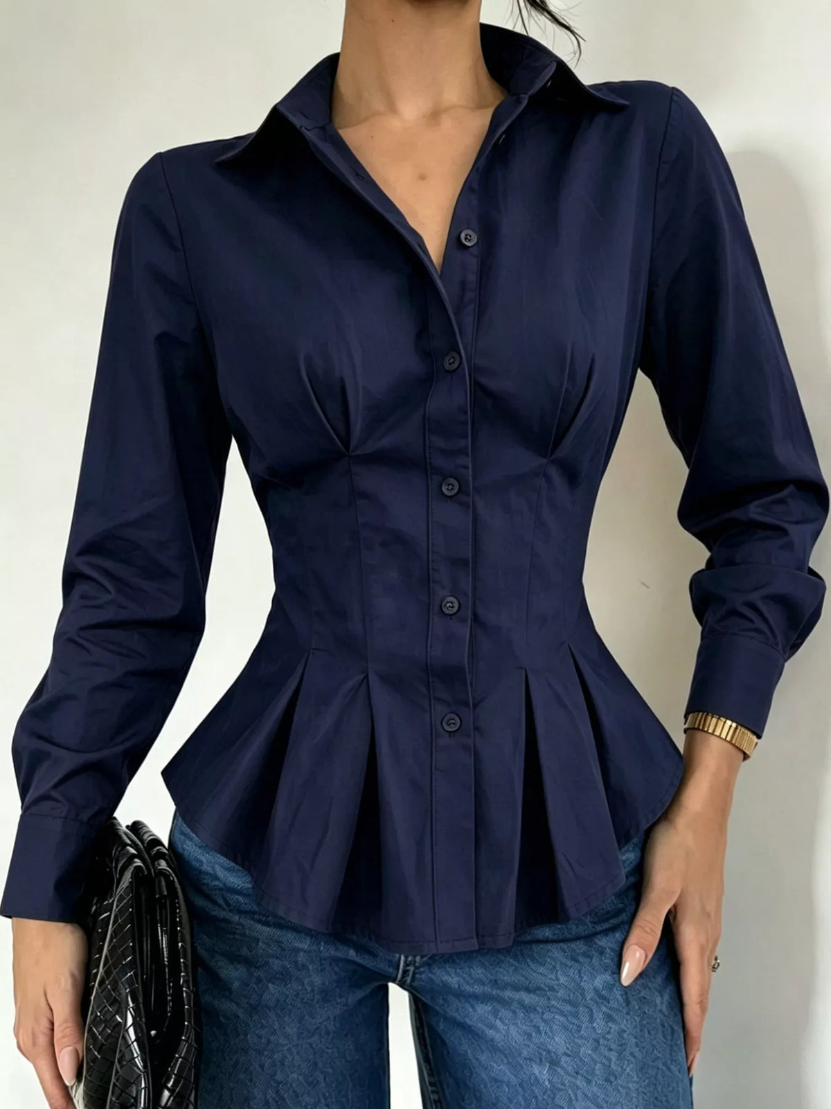 button-down peplum blouse with fitted waist | dropsona - neutral - packaging