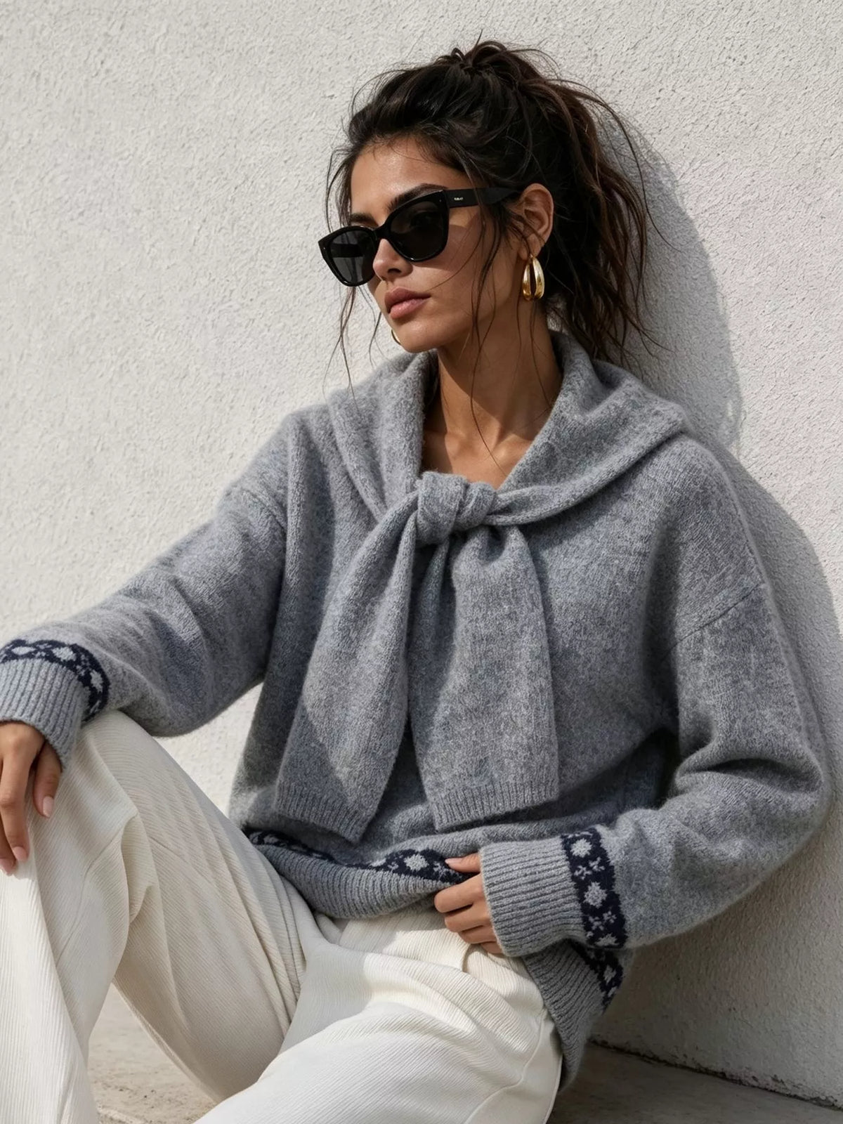 scarf detail dropped shoulder sweater – basic style | dropsona - neutral - material texture