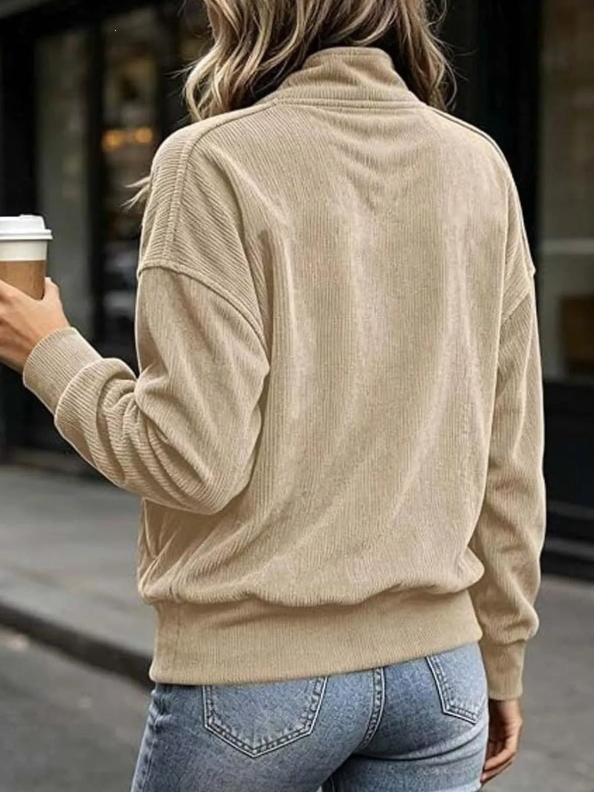full size quarter snap kangaroo pocket sweatshirt | dropsona - neutral - usage example