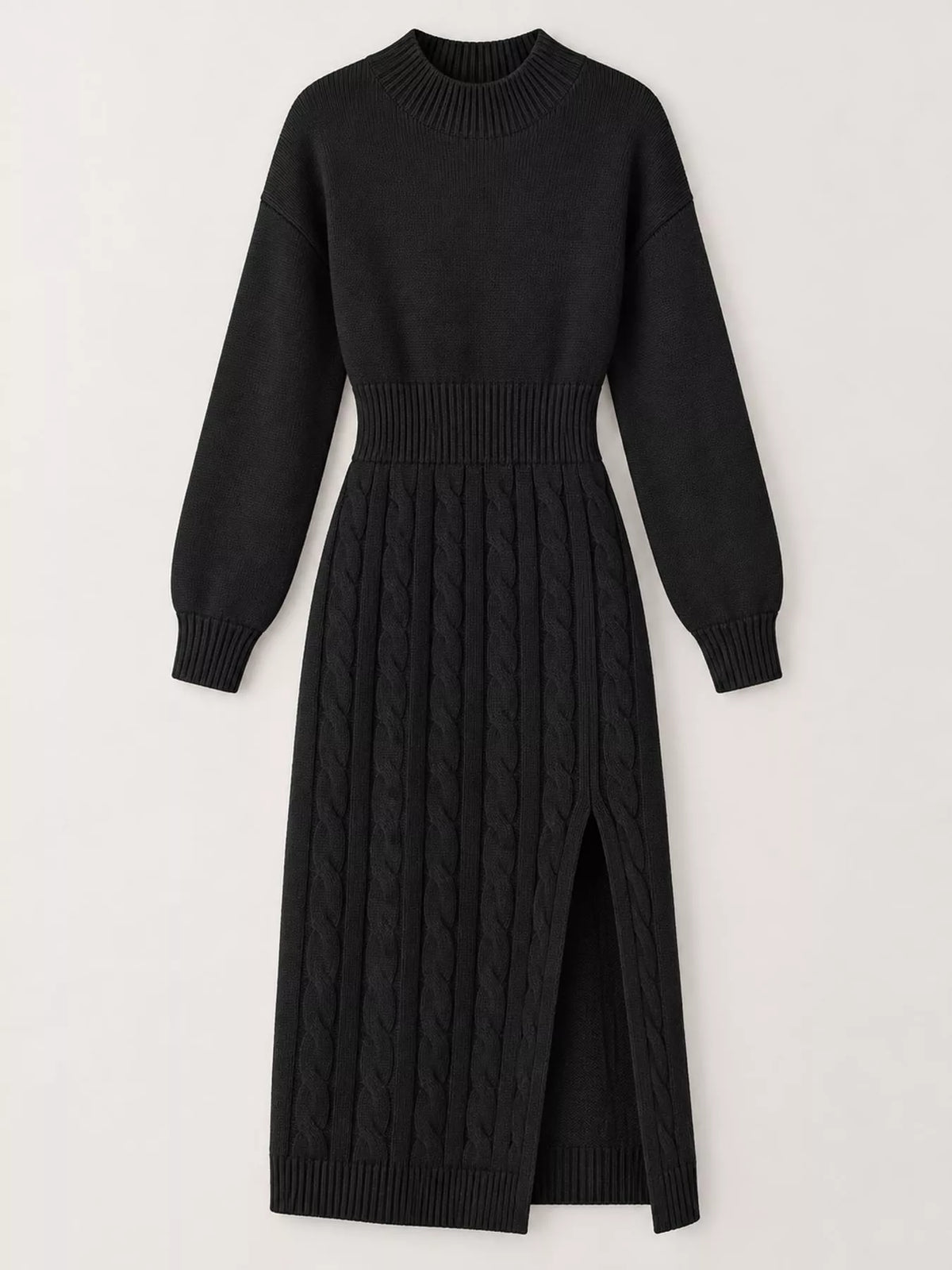 full size mock neck cable knit sweater dress with | dropsona - neutral - close-up detail